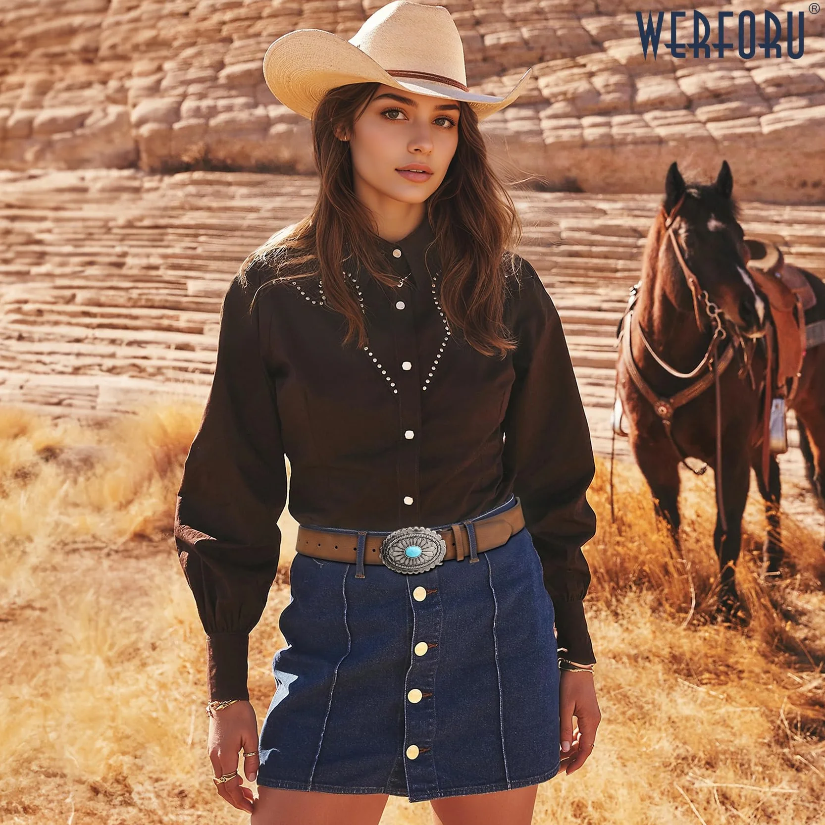 WERFORU Damski pasek skórzany w stylu vintage western, kowbojka, retro, turkusowy, do dżinsów, spodni, sukienek