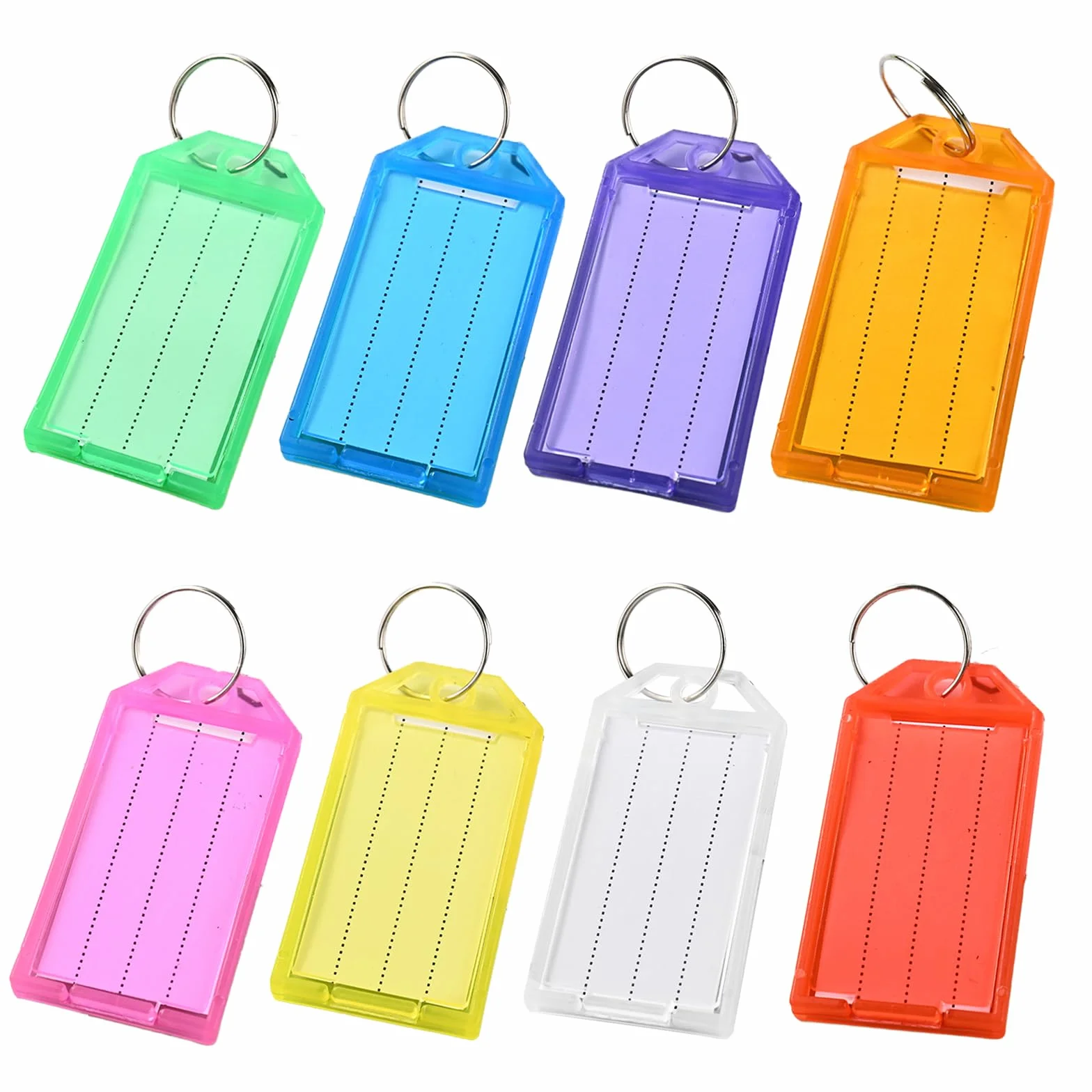 20 plastikowych breloczków do kluczy, 5,8 cm, z etykietami z pustego papieru, przezroczyste pokrywki i pierścienie dzielone do identyfikacji zwierząt i bagażu, 8 kolorów