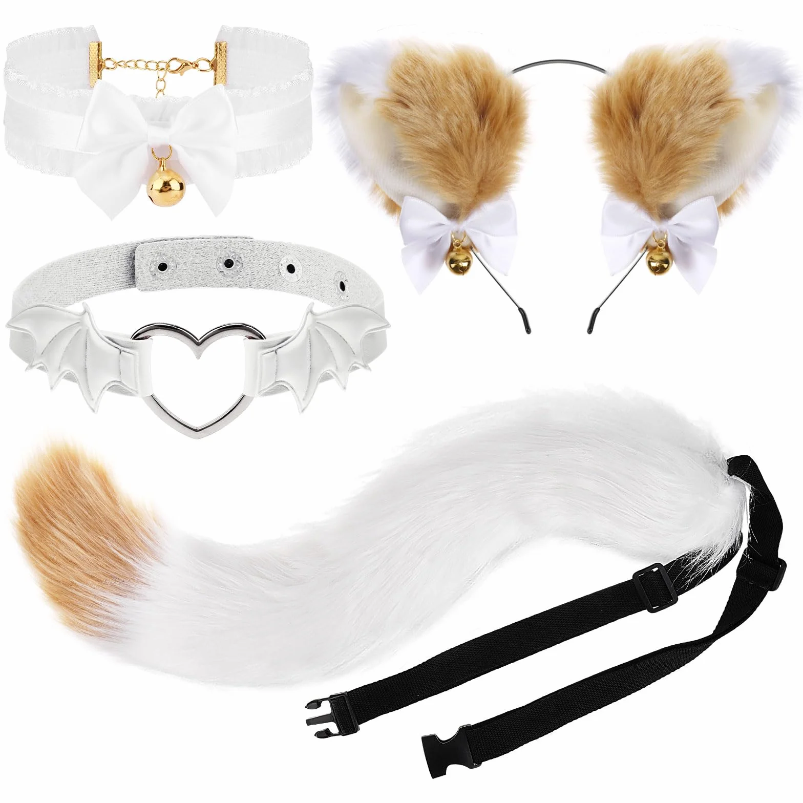 XEPST Zestaw kostiumów do cosplay, kocie uszy i ogon zwierzęcia, sztuczne futro, futrzany, lis, wilk, ogon, zestaw z uszami i dzwonkami, kołnierz do anime, fantazyjne przebrania na imprezę, Halloween,
