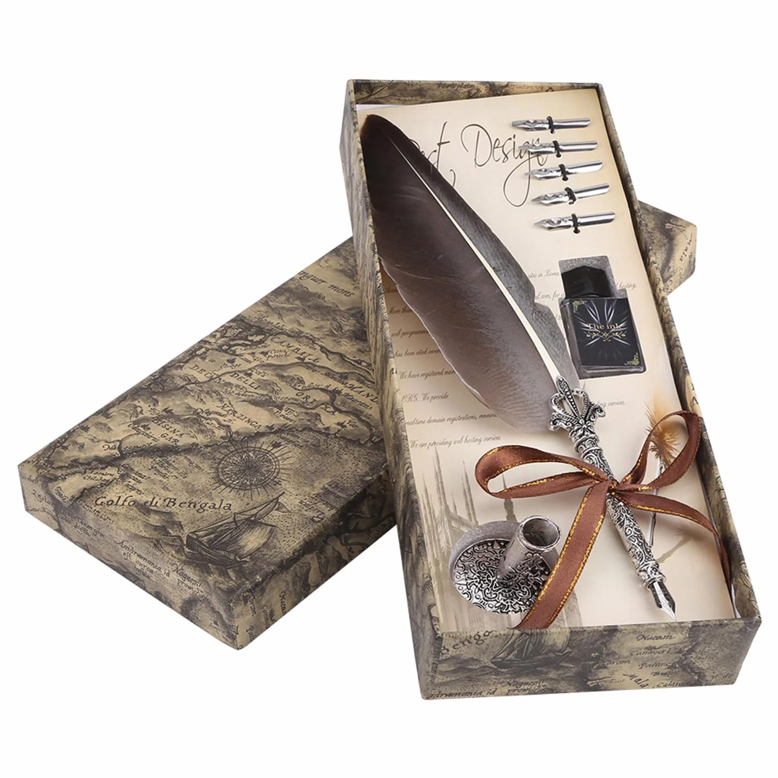 Stalówka Garosa Vintage Feather, Stalówka Z Antycznej Angielskiej Kaligrafii Dip Quill Pen Zestaw Do Pisania, Metalowy Wygląd Rzeźbienia, Papiernicze Pudełko Z 5 Stalówkami (Czarne)