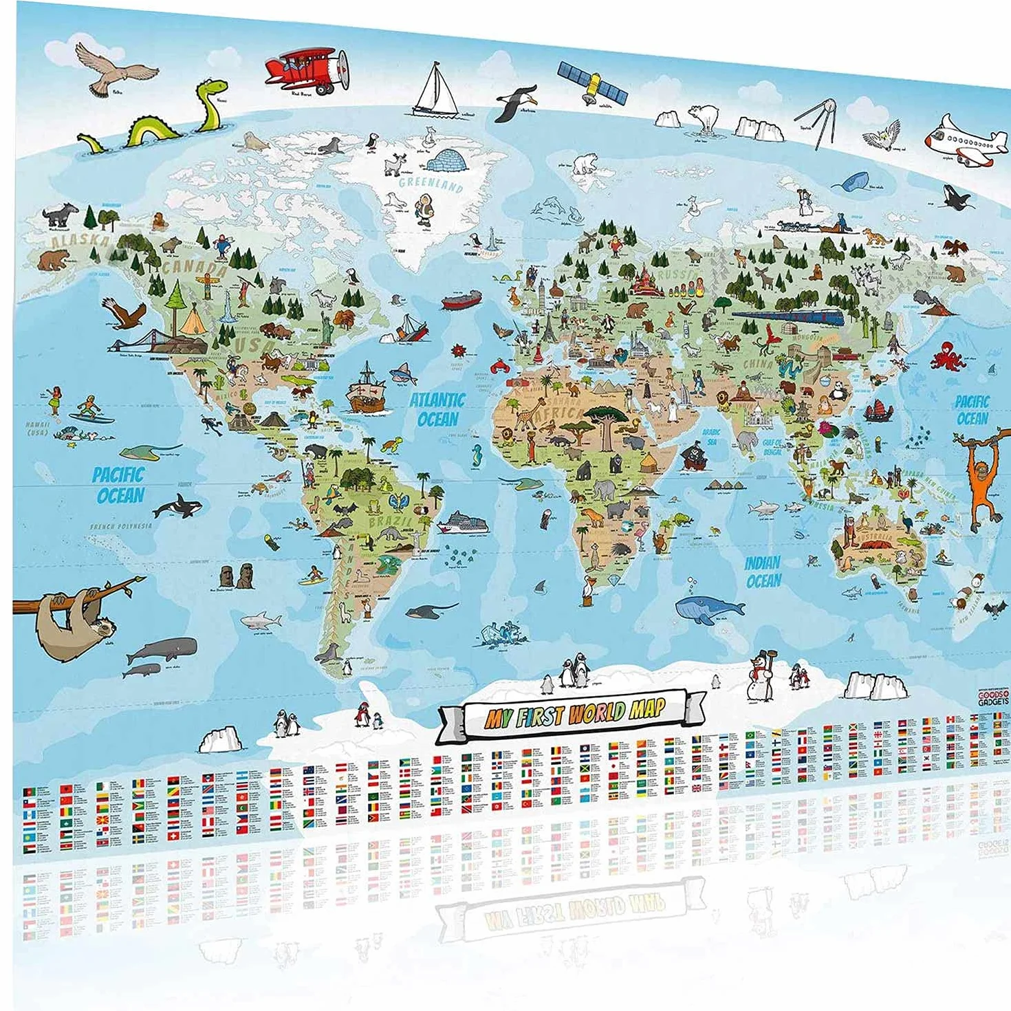 Towar + gadżety - panoramiczna mapa świata dla dzieci w rozmiarze XXL - 140 x 100 cm, całkowicie ręcznie rysowana i kolorowana (Angielski)
