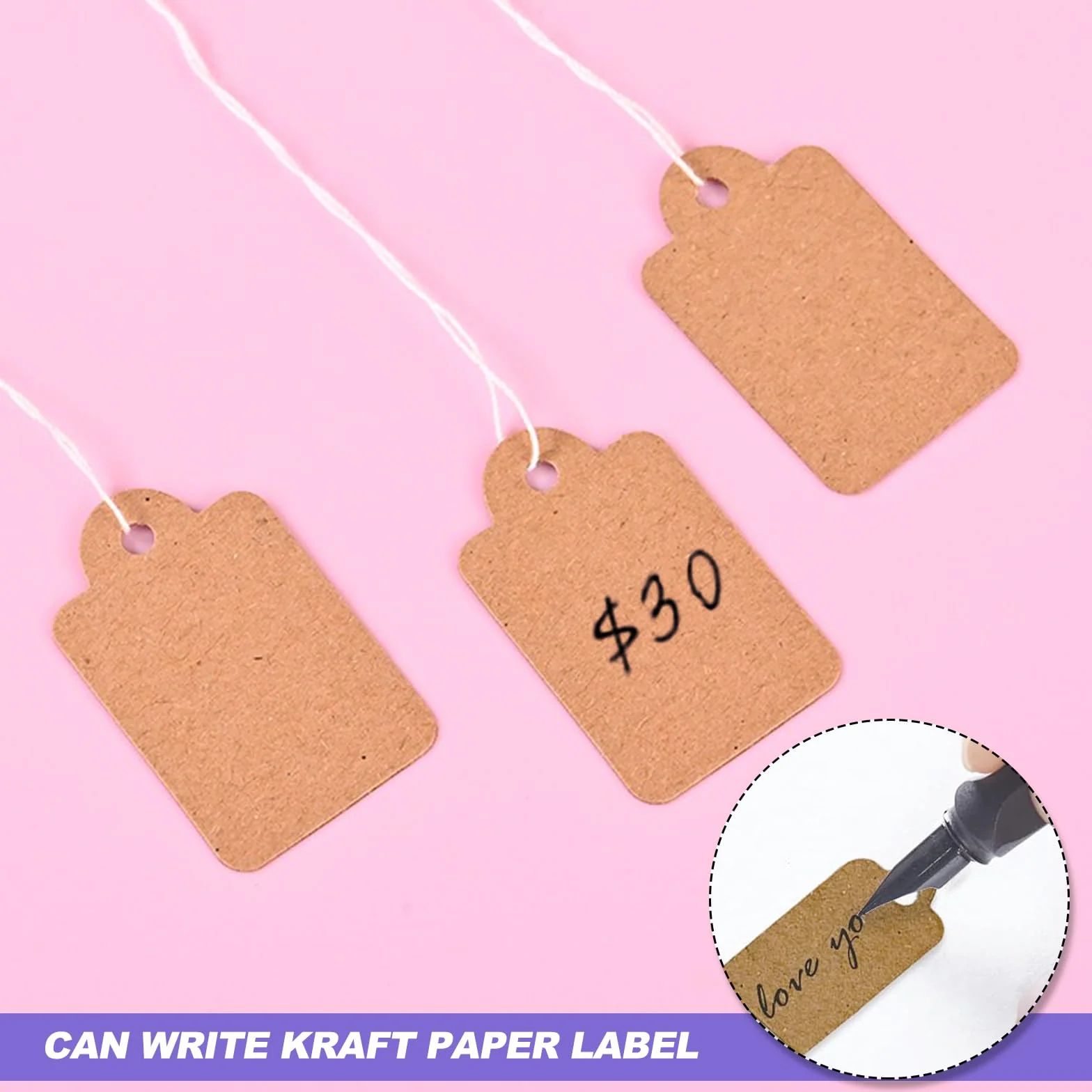 Metki cenowe ze sznurkiem, 500 szt. etykiet z papieru kraftowego, 35 x 22 mm, brązowa biżuteria, zawieszki cenowe, do ekspozycji, ubrań, biżuterii, prezentu, 500 szt