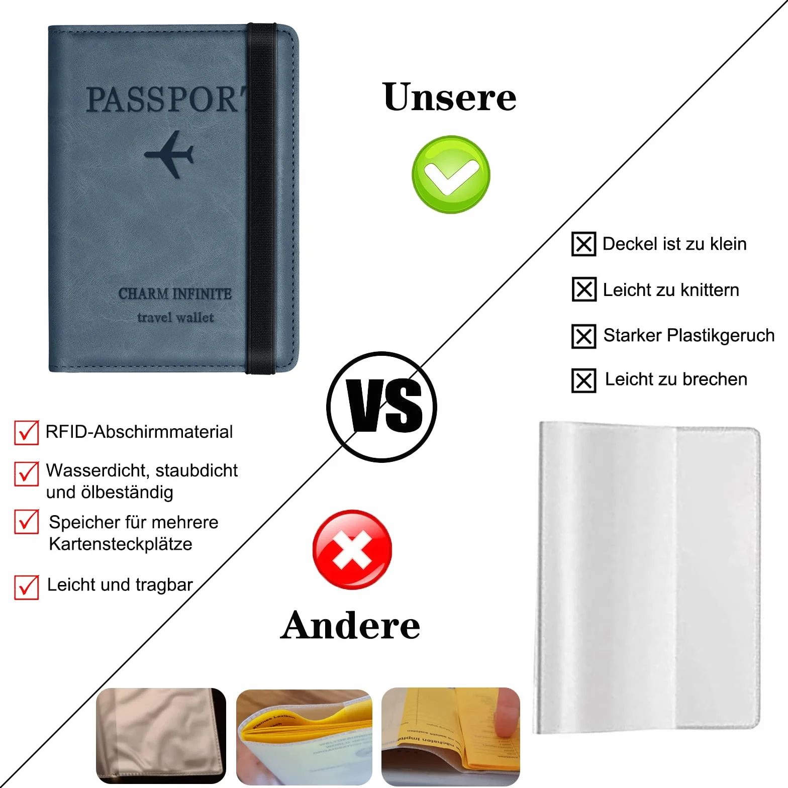 Paszport Etui, RFID Etui Ochronne na Karty Kredytowe Paszport, Dowód osobisty i Dokumenty Podróżne, Akcesoria Podróżne/Organizator Podróży, Wielokomorowy Portfel Zapinany na Zamek (Niebieski)