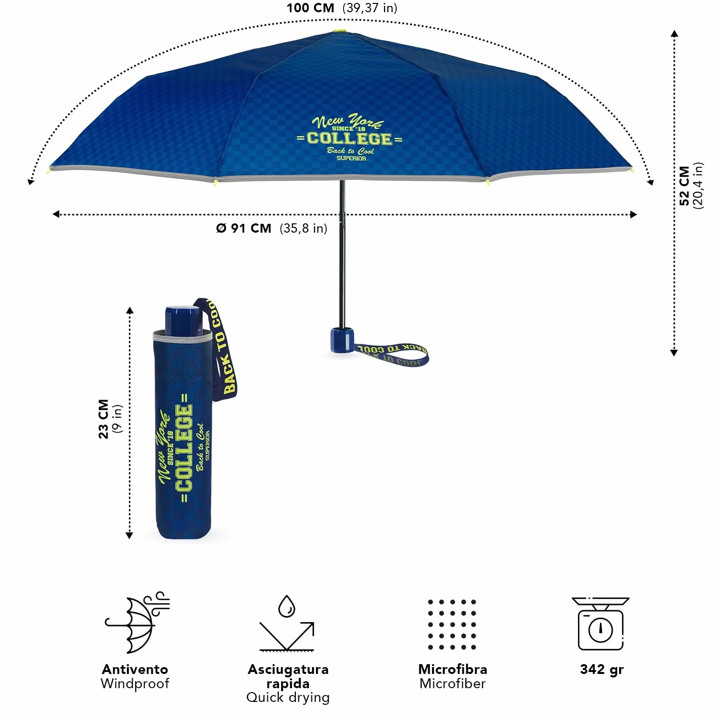 Składana Kompaktowa Parasolka dla Dzieci w Wieku 7+ Manualna - Mini Parasol Odblaskowymi Detalami Lekki Przenośny - Mały Kieszonkowy Wiatroodporny Parasol - Średnica 91 cm - Perletti (College)