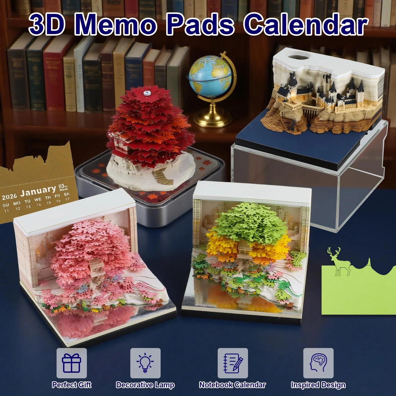 Kalendarz 3D 2026,Unikalna Papierowa Rzeźba do Dekoracji Biurka,Kalendarz Zegar 3D z Wyrywanym Notatnikiem,Oświetlenie LED & Akrylowe Pudełko Ekspozycyjne (castle-2026)