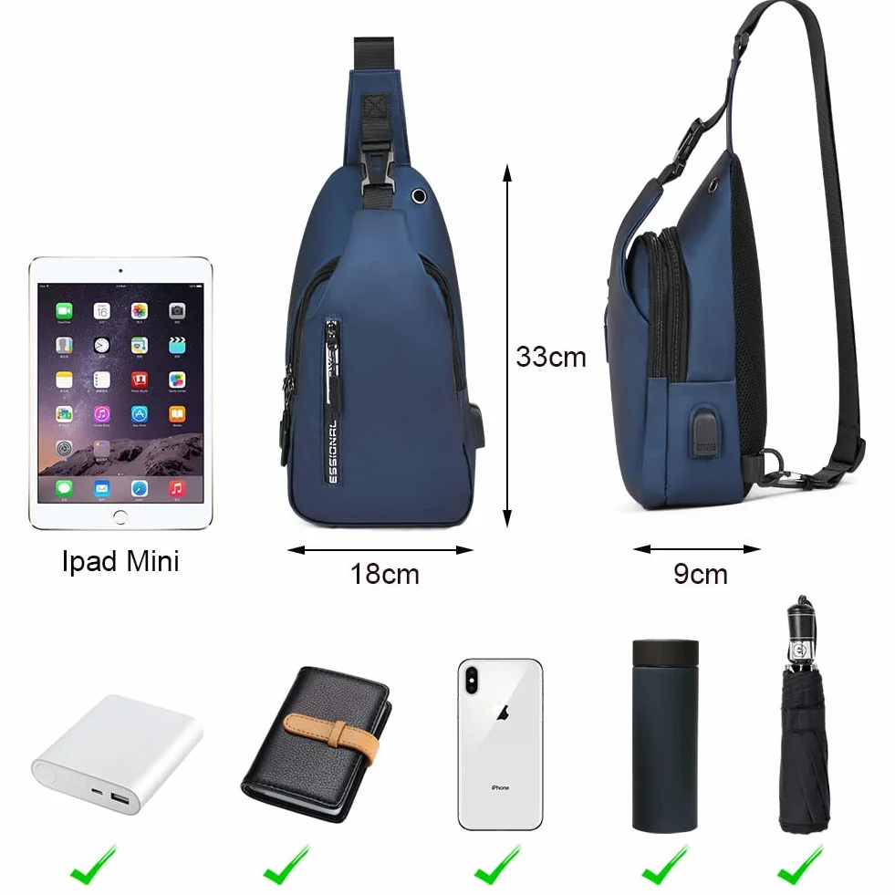 Aucuu Torba na klatkę piersiową, biznesowa torba na ramię, wodoodporna torba na ramię z portem ładowania USB, torba crossbody dla mężczyzn, na podróż, wędrówki, sport, jazdę na rowerze, NIEBIESKI