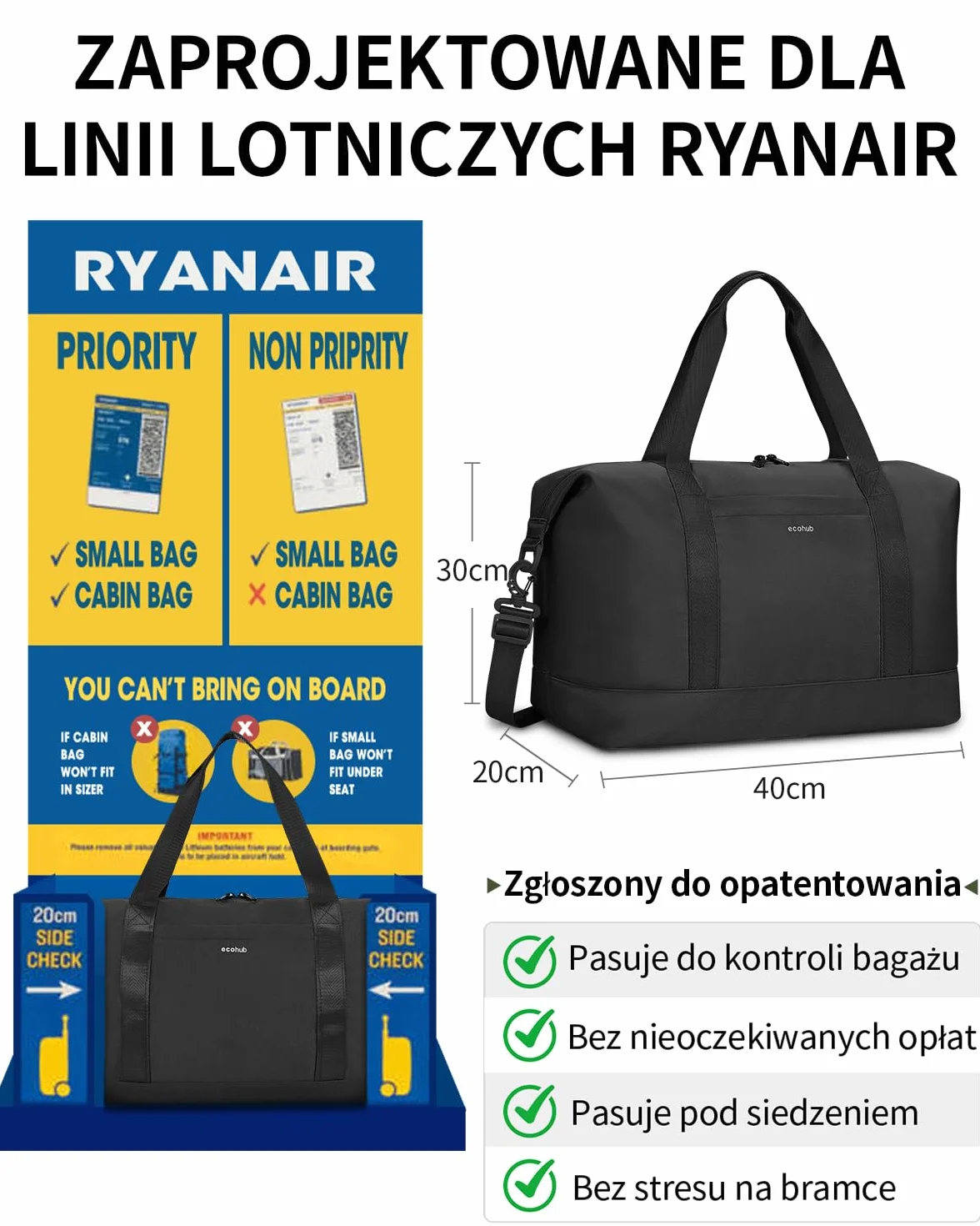 ECOHUB składana Torba podróżna 40x20x25 cm, 20L Lekka Bagaż Podręczny do Samolotu, Torba Kabinowa Ryanair z Wyjmowaną Kieszenią na Mokre Rzeczy, Torba Sportowa PET z Recyklingu Damska Męska(Czarny)