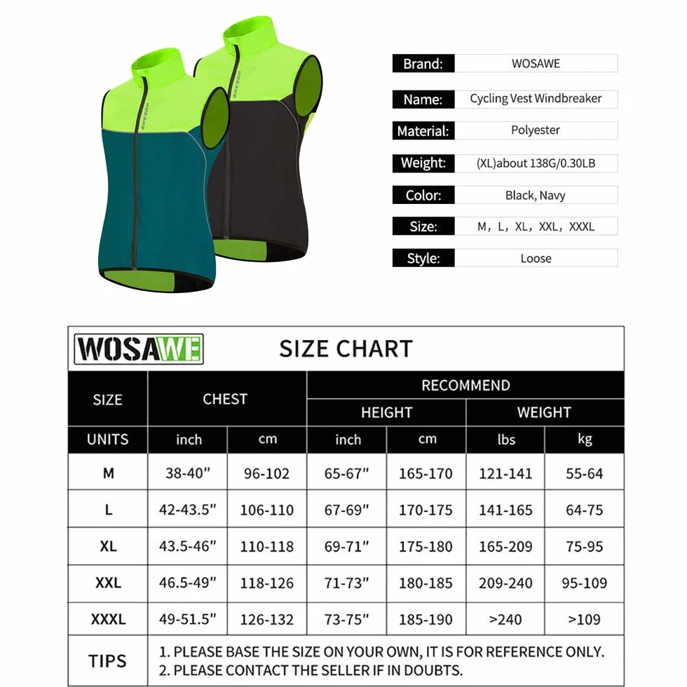 WOSAWE Kamizelka rowerowa, uniseks, lekka, wiatroszczelna kamizelka MTB z paskami odblaskowymi do biegania, jazdy na rowerze, motocyklu, jazdy konnej, wędrówek