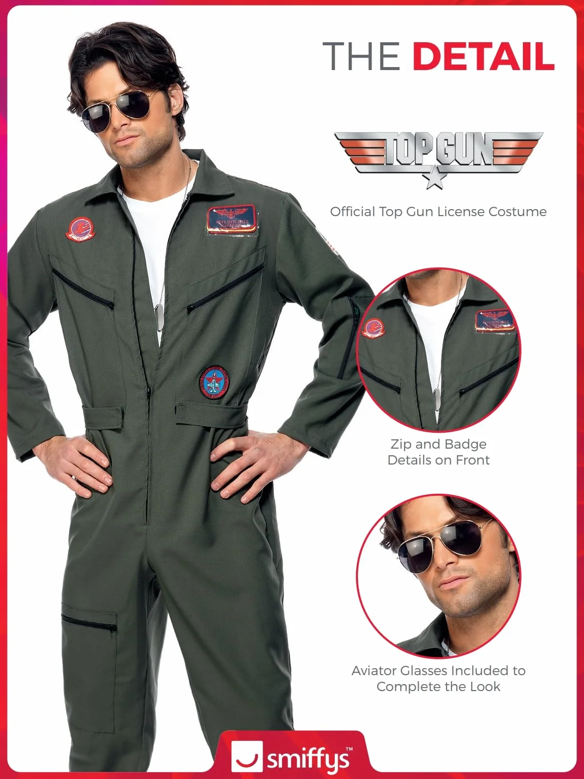 Smiffys 26287L męski kostium Top Gun, kombinezon, tabliczka z nazwiskiem i okulary przeciwsłoneczne, zielony, rozmiar: L, 36287