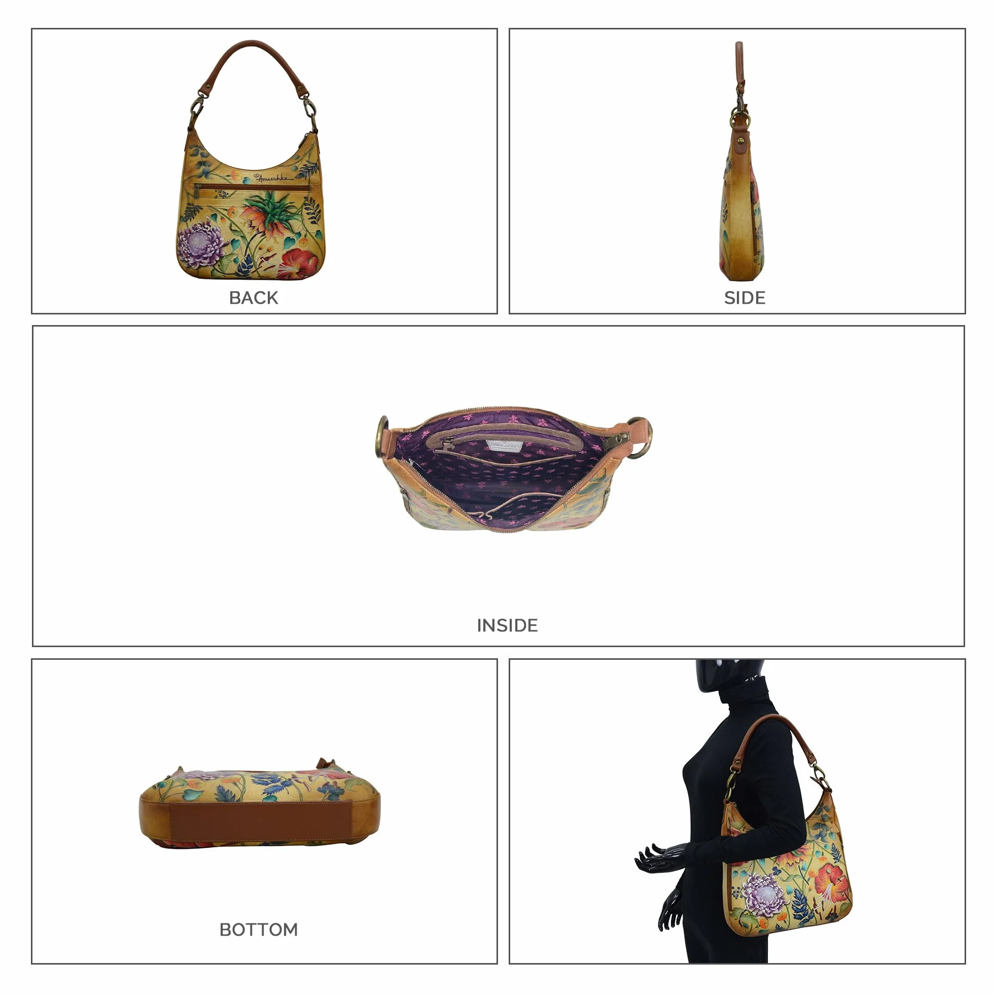 Anuschka Ręcznie malowane damskie skórzane kabriolet slim hobo z paskiem crossbody - zamek błyskawiczny od góry, wiele kieszeni