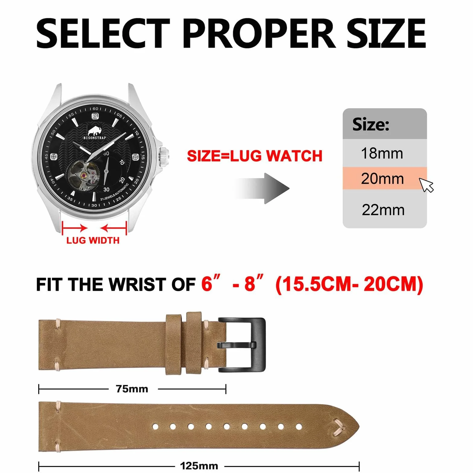 BISONSTRAP Skórzany zamienny pasek do zegarka męskiego, szybkozłączka z teleskopami, szerokość paska: 18 mm, 20 mm, 22 mm
