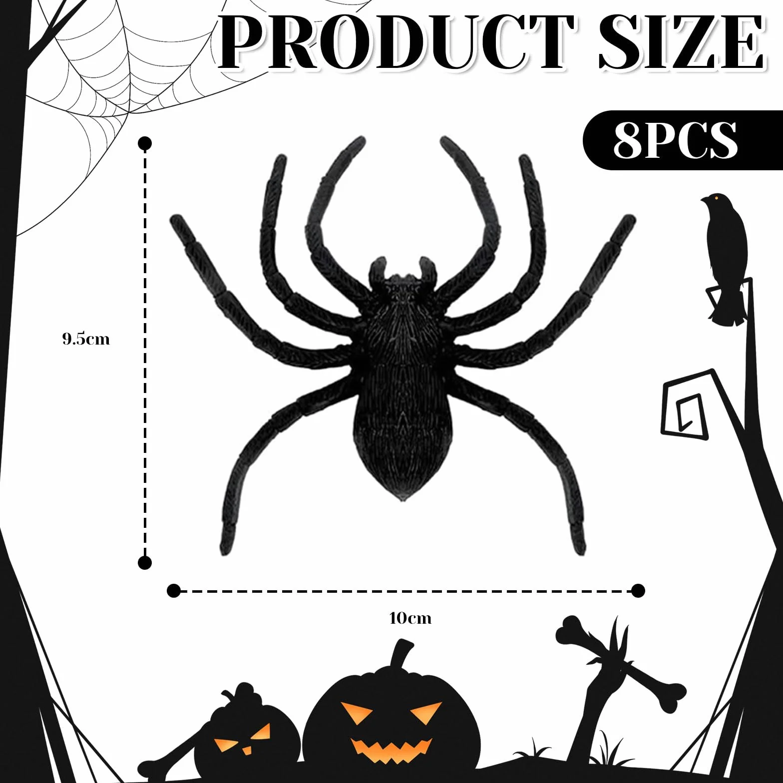 8 sztuk plastikowych pająków, dekoracje na Halloween, pająki na Halloween, sztuczne pająki, czarne duże pajęczyny, realistyczne rekwizyty do sztuczki, przerażające