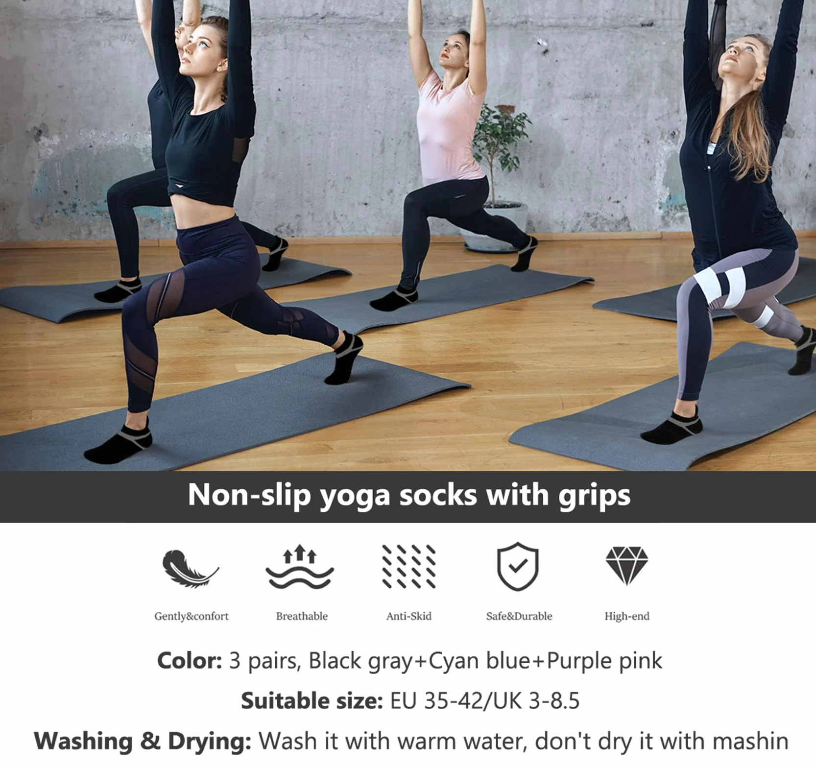 Anstore 3 pary antypoślizgowych skarpet do jogi dla kobiet, do pilatesu dla kobiet z uchwytami, idealne do jogi, pilatesu, baletu, fitnessu, treningu, rozmiar 38-42, Czarny i szary, zielony i