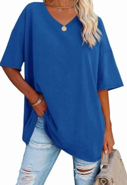 Haibang Koszulka Damska Oversize z Krótkim Rękawem Dekolt w Serek Letnie Topy Luźna Bawełna Casual Klasyczny Top Basic Tee Shirt Jednolity Kolor Bluzka z Szerokim Ramieniem