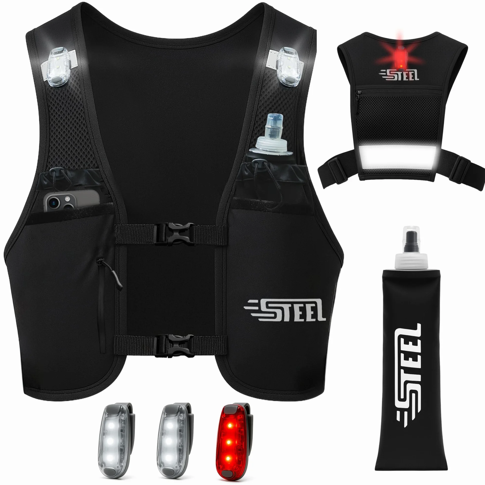 Odblaskowa kamizelka do biegania z 3 diodami LED, regulowana, lekka kamizelka, 500 ml, do wędrówek, biegania, maratonu, czarna