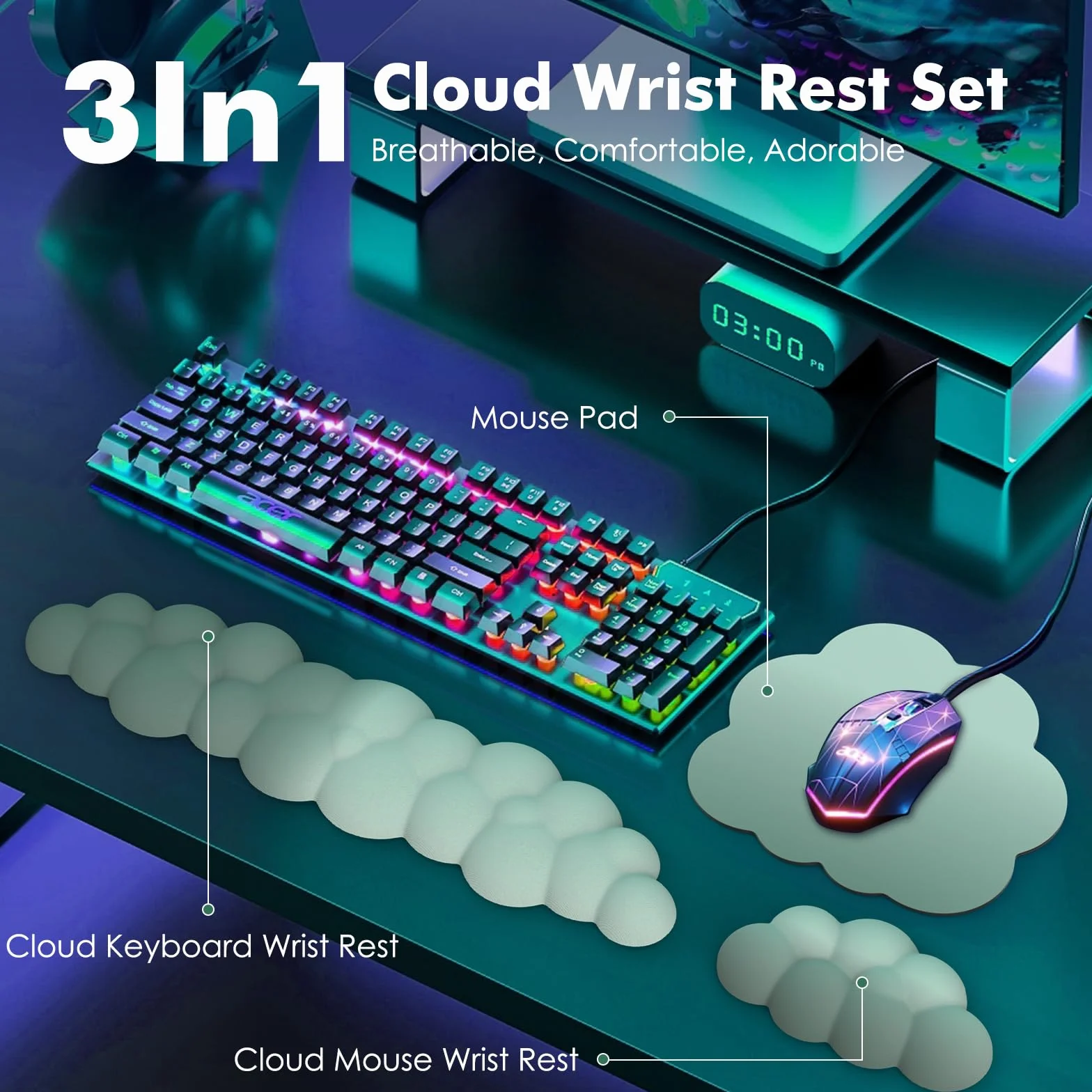 MoKo Cloud Wrist Rest, Ergonomic Cloud Keyboard Wrist Support with Mouse Pad, Durable Polyester Arm Rest Pad for Keyboard and Mouse for Office, Gaming, Computer, Laptop, Green