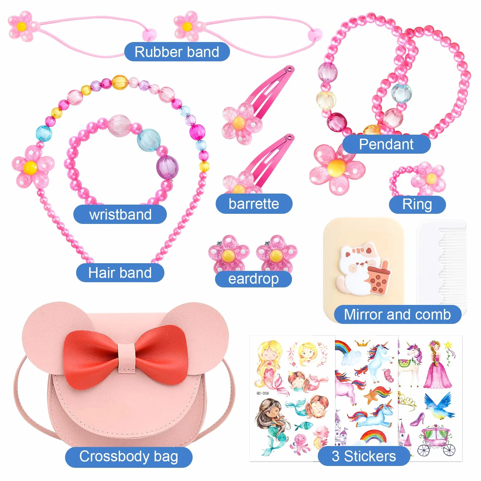 Bowknot CrossBody Bag, zestaw biżuterii dla dzieci, zestaw biżuterii dla dziewcząt, naszyjnik, bransoletka, pierścionek, kolczyki, spinka do włosów, lustro, naklejka, odgrywanie ról, prezent
