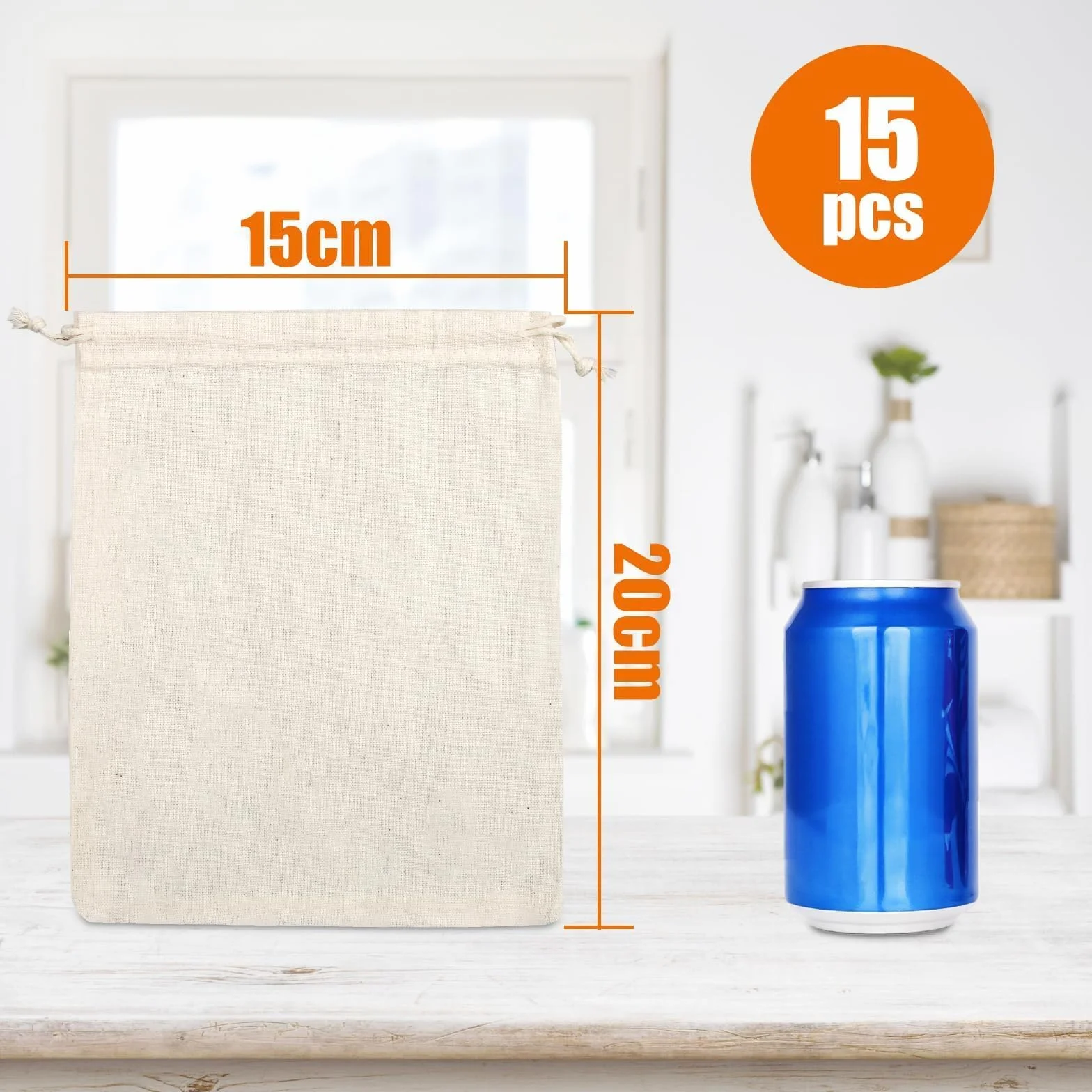 Bawełniana torebka 20 x 15 cm - 15 sztuk woreczków z tkaniny lnianej, mała torebka bawełniana ze sznurkiem do ściągania, torba wielokrotnego użytku, prezent, biżuteria, kawa, prezent, ślub,