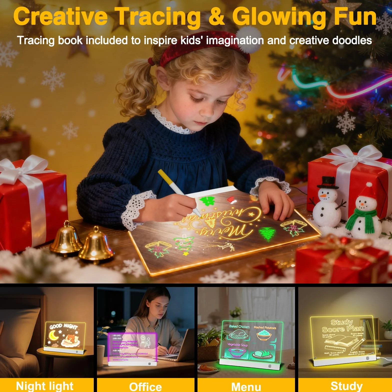 Tablica LED z kolorami, 30 x 20 cm, akrylowa tablica suchościeralna z 6 trybami kolorystycznymi, neonowa tablica podświetlana, świecąca deska kreślarska LED dla dzieci, suchościeralna tablica akrylowa
