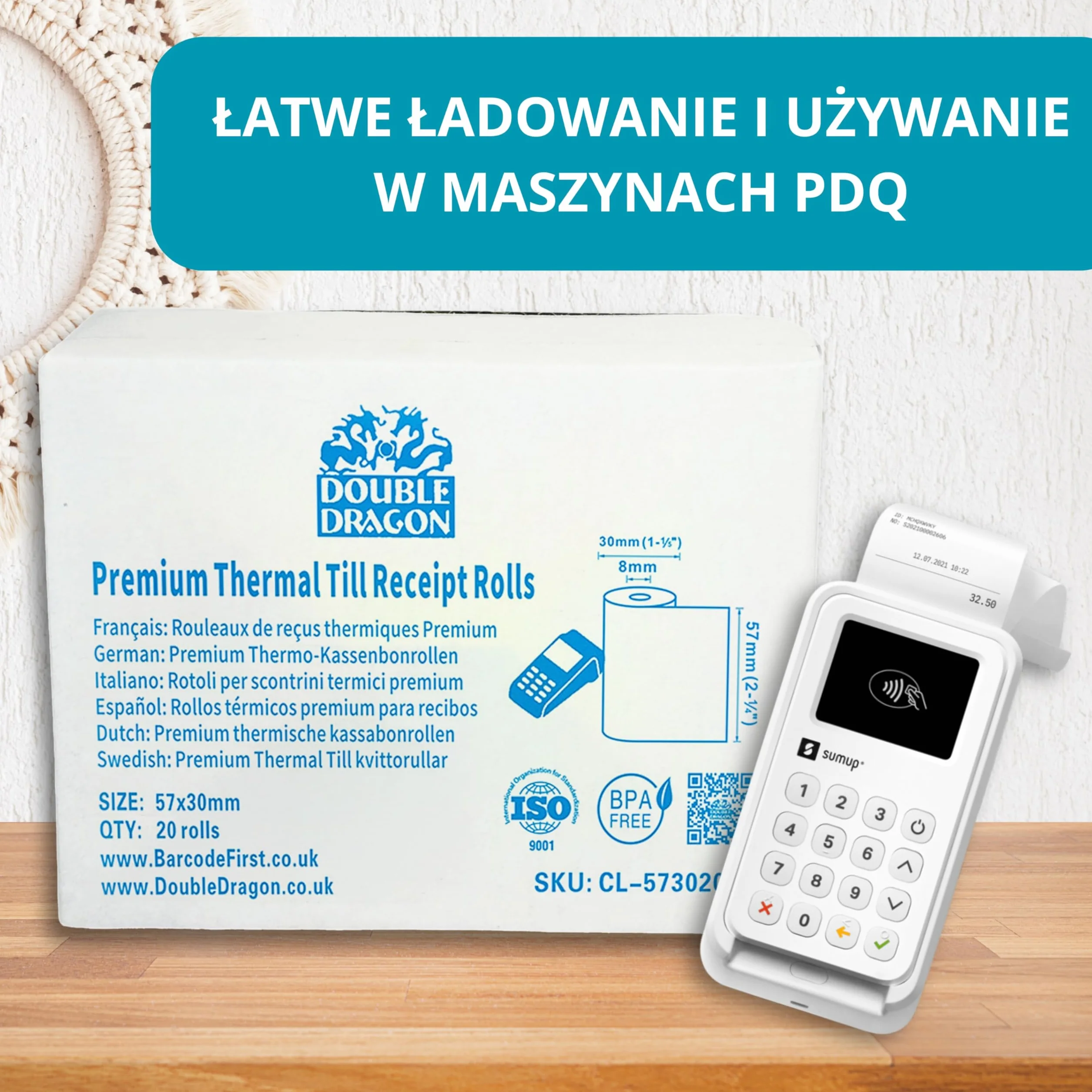 Double Dragon 57 x 30 mm Termiczne rolki do paragonów PDQ | Wolne od BPA | Kompatybilne z drukarkami SumUp, Ingenico, PayZone, Verifone, Clover, terminalami Zettle – 20 rolek