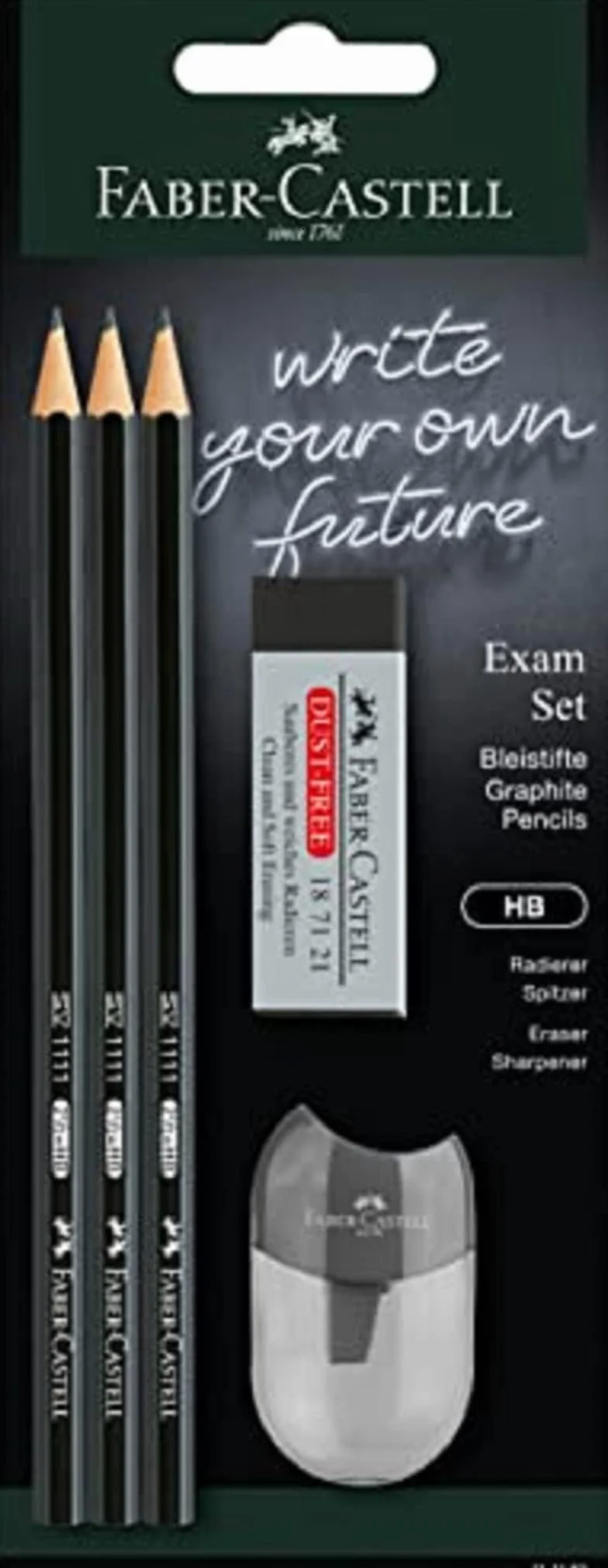 Faber-Castell 111183 - zestaw ołówków Exam, z trzema ołówkami 1111 stopień twardości HB, z temperówką i gumką, czarny