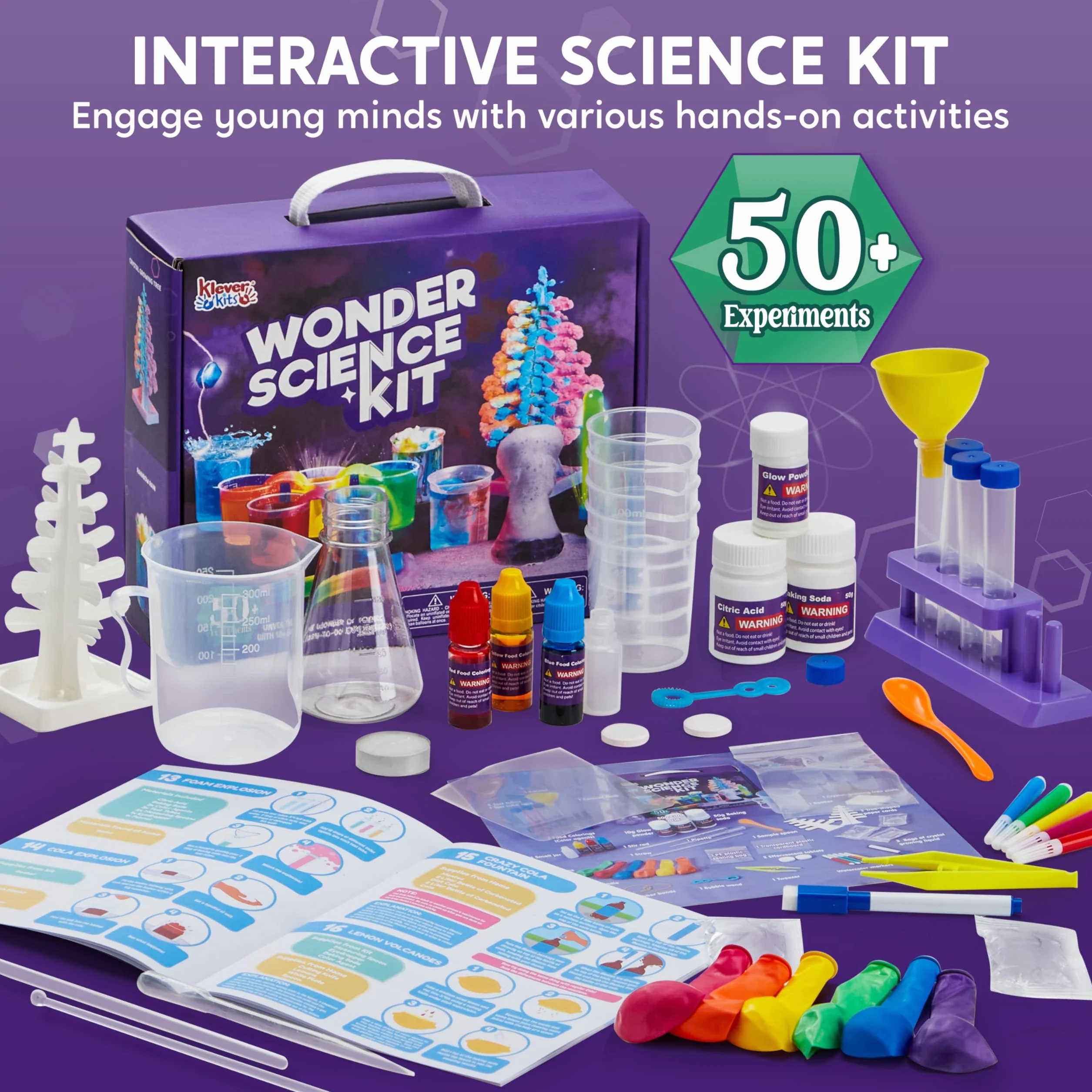 KLEVER KITS 50+ Zestawy do eksperymentów naukowych dla dzieci, STEM Toys Crystal Growing Kit dla dzieci, dwukolorowy zestaw do chemii kwiatowej, zabawki edukacyjne, prezenty dla chłopców w wieku od 6