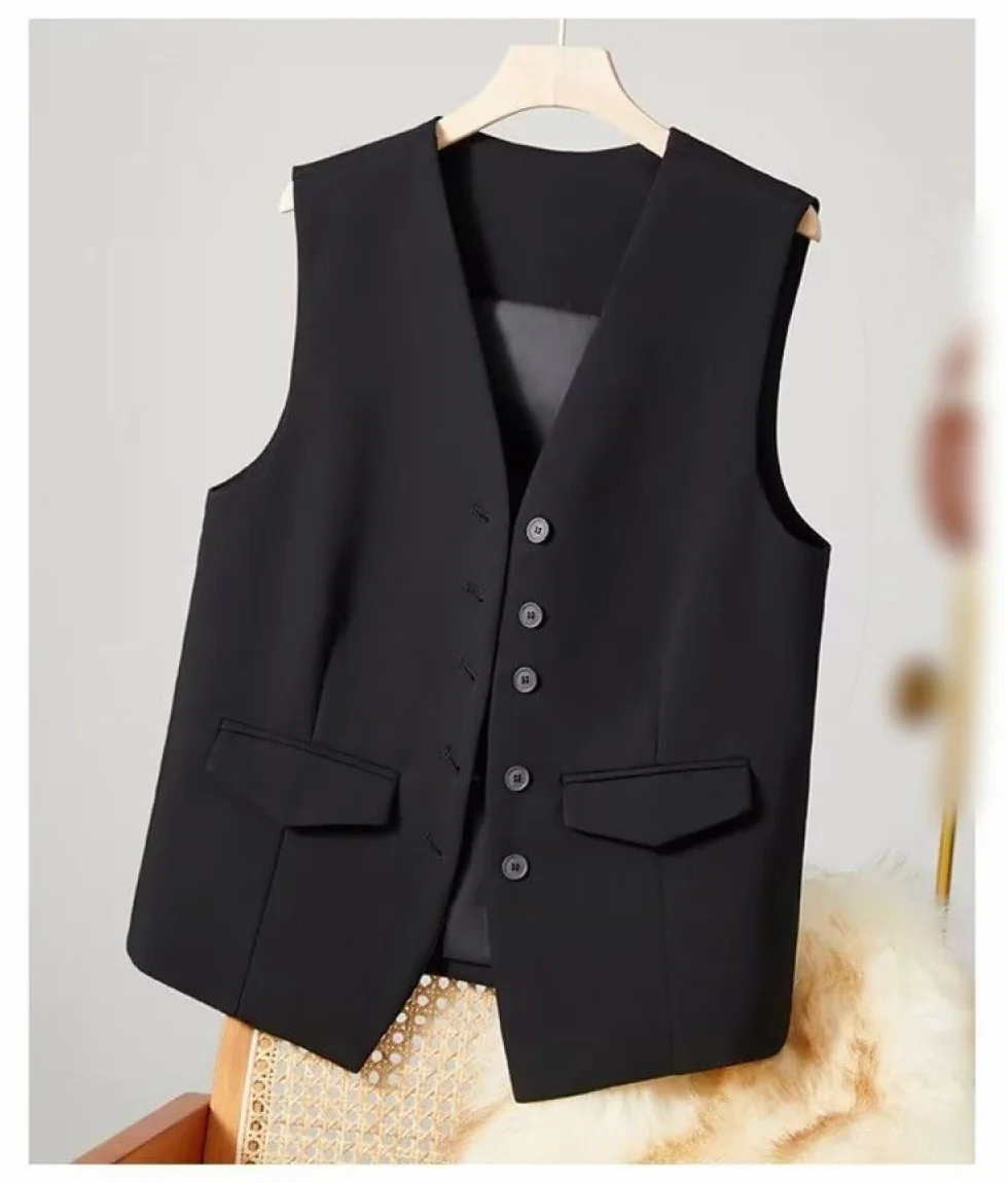 Damska kamizelka bez rękawów Blazer, elegancka smukła biurowa kamizelka płaszcz Retro Party kamizelka, V-hals kamizelka, czarny, L