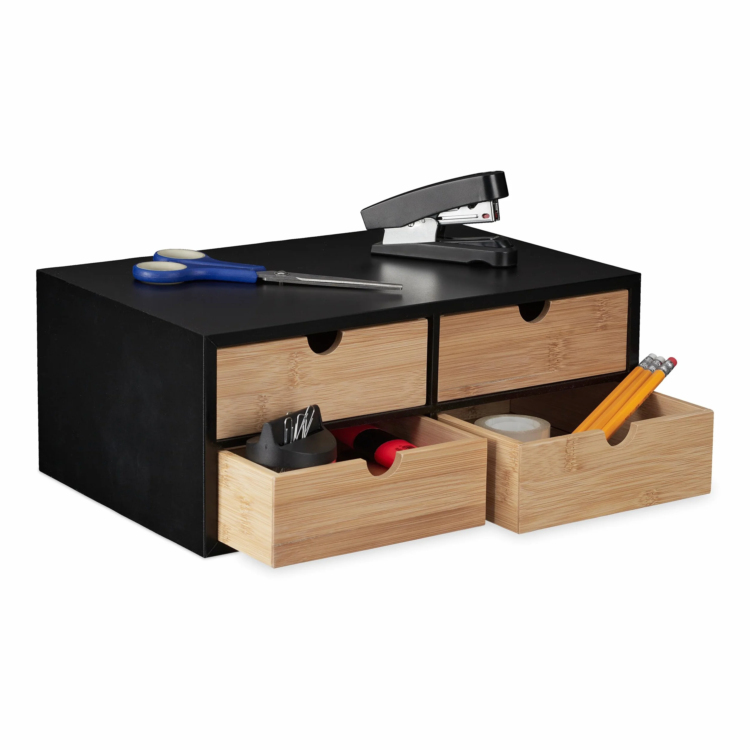 Relaxdays Organizer na biurko, 4 szuflady, bambus i MDF, organizer na biurko, wys. x gł.: 13,5 x 33 x 21 cm, naturalny/czarny