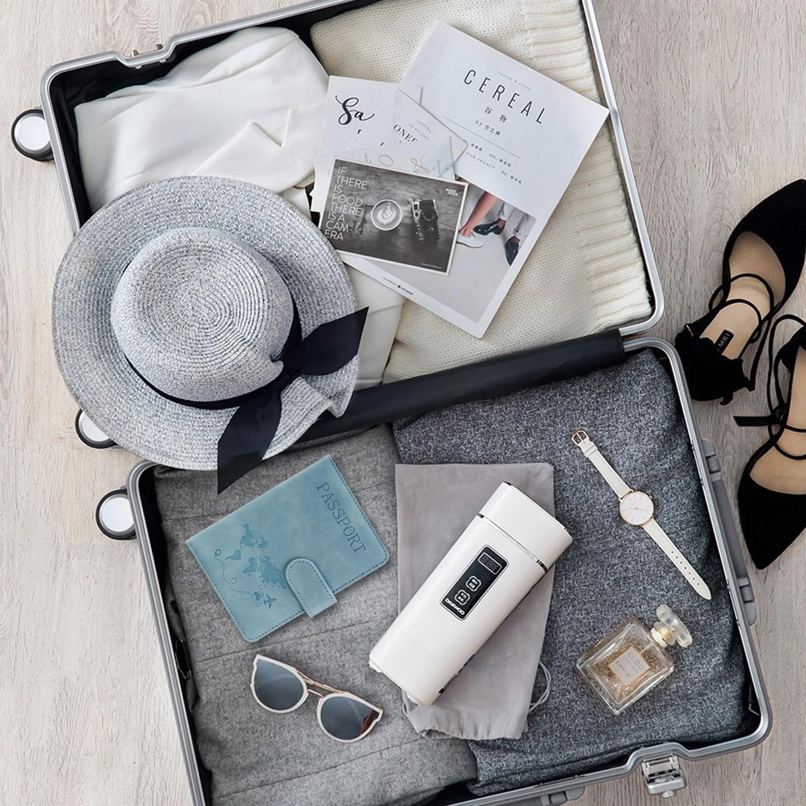 FuninCrea zestaw etui na paszport i zawieszka do walizki, etui na dokumenty ze sztucznej skóry z blokadą RFID, etui z wieloma przegródkami na paszport, wizytówki, karty kredytowe, Rosa, 11,5 x 15 cm