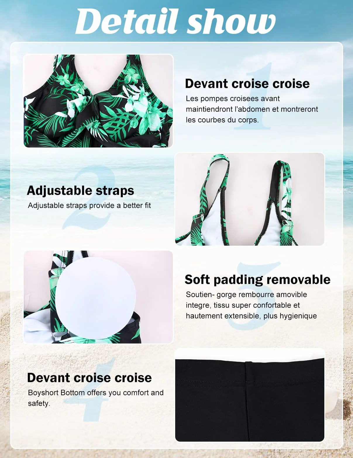 Svanco Damski tankini z szortami, kontrola brzucha, 2 sztuki, strój kąpielowy, wyściełany kwiatowy nadruk, kostium kąpielowy push-up, z szortami, kostiumy kąpielowe dla kobiet