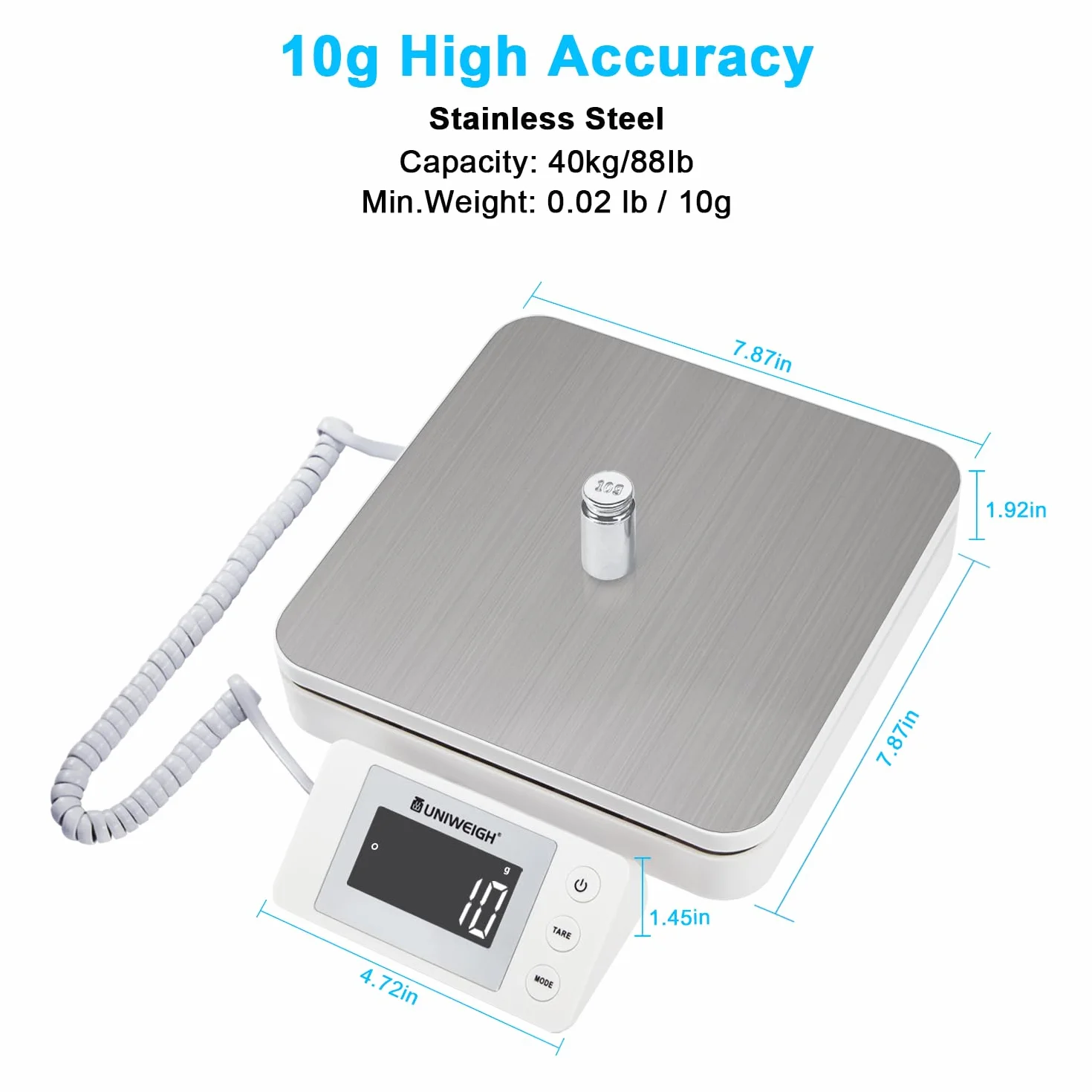 UNIWEIGH Cyfrowa Waga Pocztowa Do Przesyłek 88 lb/0,1 oz, Z Tarą i Wyświetlaczem LCD, Do Paczek i Małych Firm, Z Kablem USB i 2 Bateriami AAA
