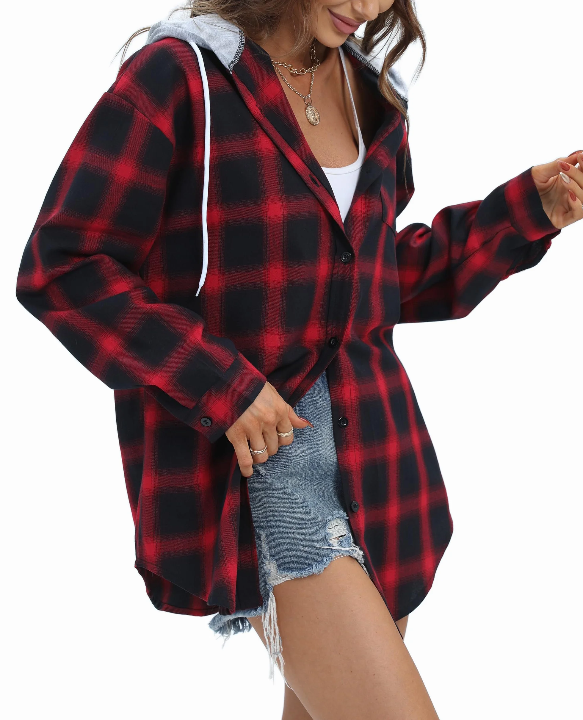Jhsnjnr Damska koszula flanelowa oversize, zapinana na guziki, karo, dekolt w serek, modna bluzka z długim rękawem w kratkę