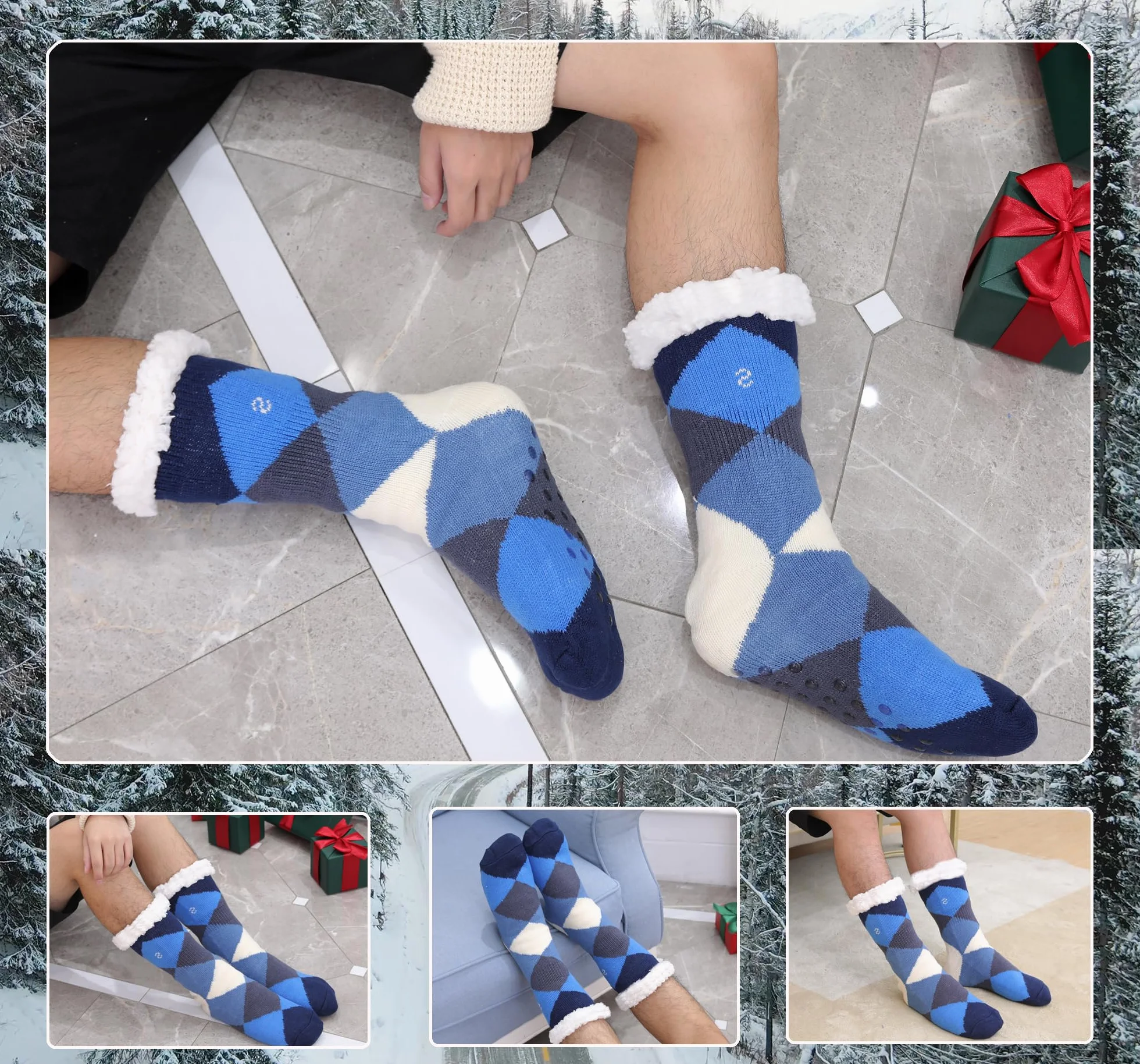 Skarpety męskie, zimowe, grube kapcie, antypoślizgowe kapcie, miękkie skarpety ze stoperami, skarpety bożonarodzeniowe, Diamond Blue, rozmiar uniwersalny
