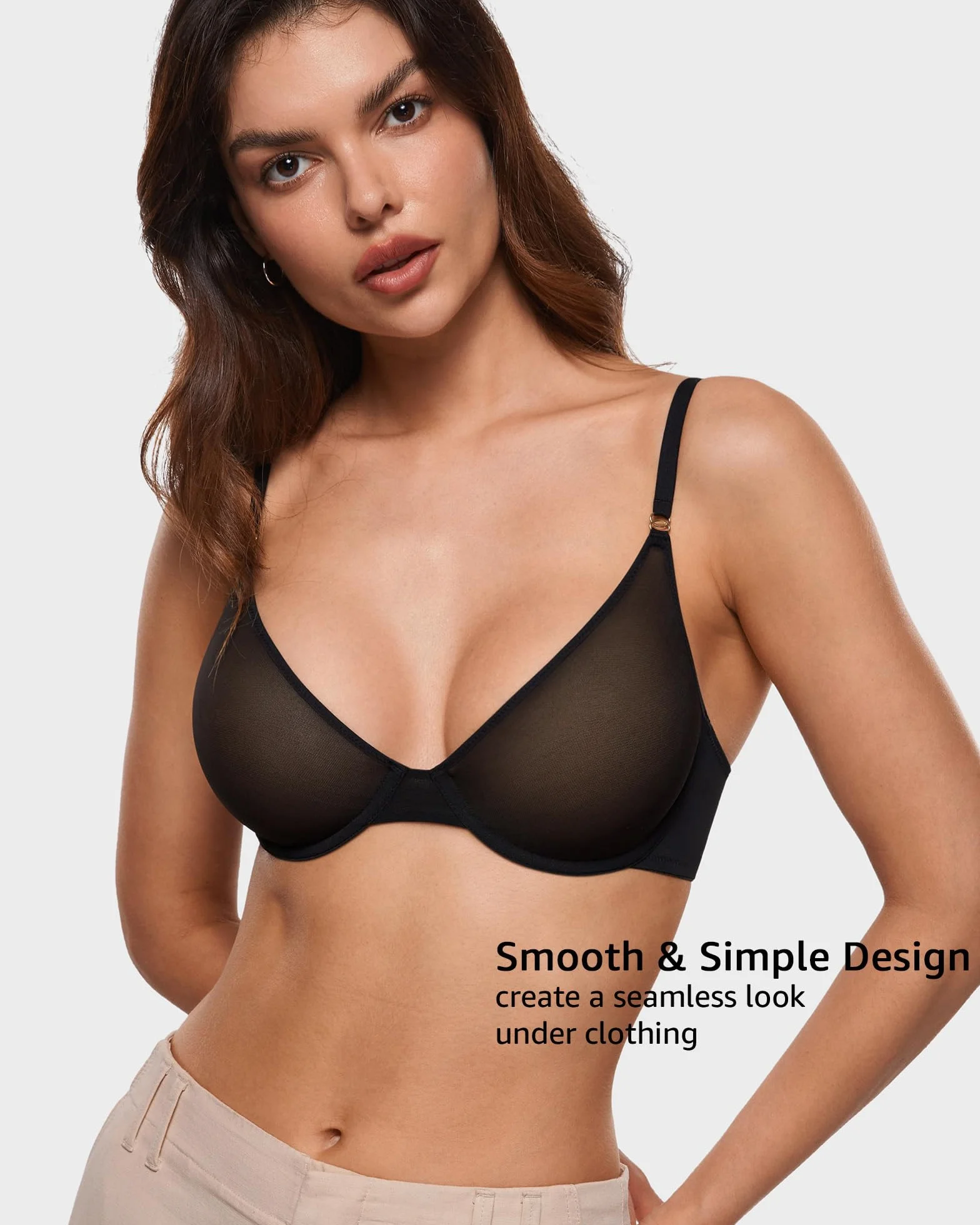 INLYRIC Biustonosz damski Cosnufy Sheer Balconette Demi Unlined Plunge Mesh Transparent Sexy Biustonosze Fiszbiny
