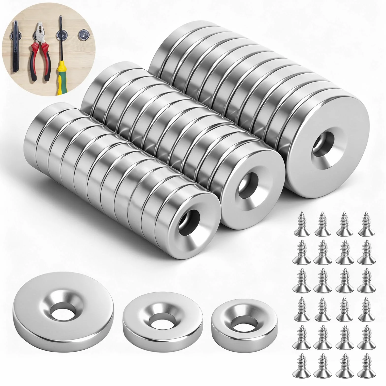 36 sztuk magnesów neodymowych z otworem, bardzo mocne magnesy neodymowe, w 3 rozmiarach 3 mm, mocne, magnesy garnkowe ze śrubami M3/M4, okrągłe magnesy, do kuchni, warsztatu i garażu