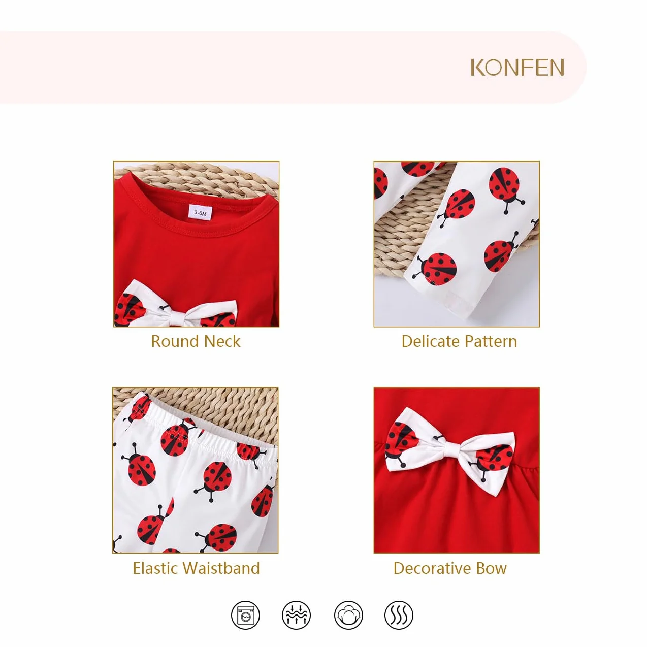 Ubranie dla dziewczynek, biedronka, top z długim rękawem, z węzłami kokardkowymi + spodnie, zestaw 2 sztuk, t-shirty z długim rękawem, spodnie, zestaw odzieży, odzież dla niemowląt, kolor