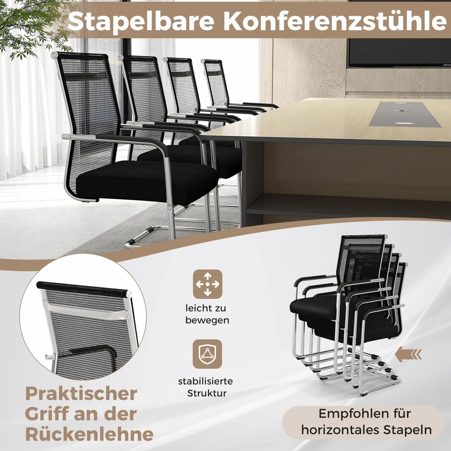 COSTWAY Krzesła na płozach, zestaw 4 sztuk, z metalową podstawą płozy i podłokietnikami, krzesła biurowe, konferencyjne, dla gości, do biura, sali konferencyjnej, gabinetu