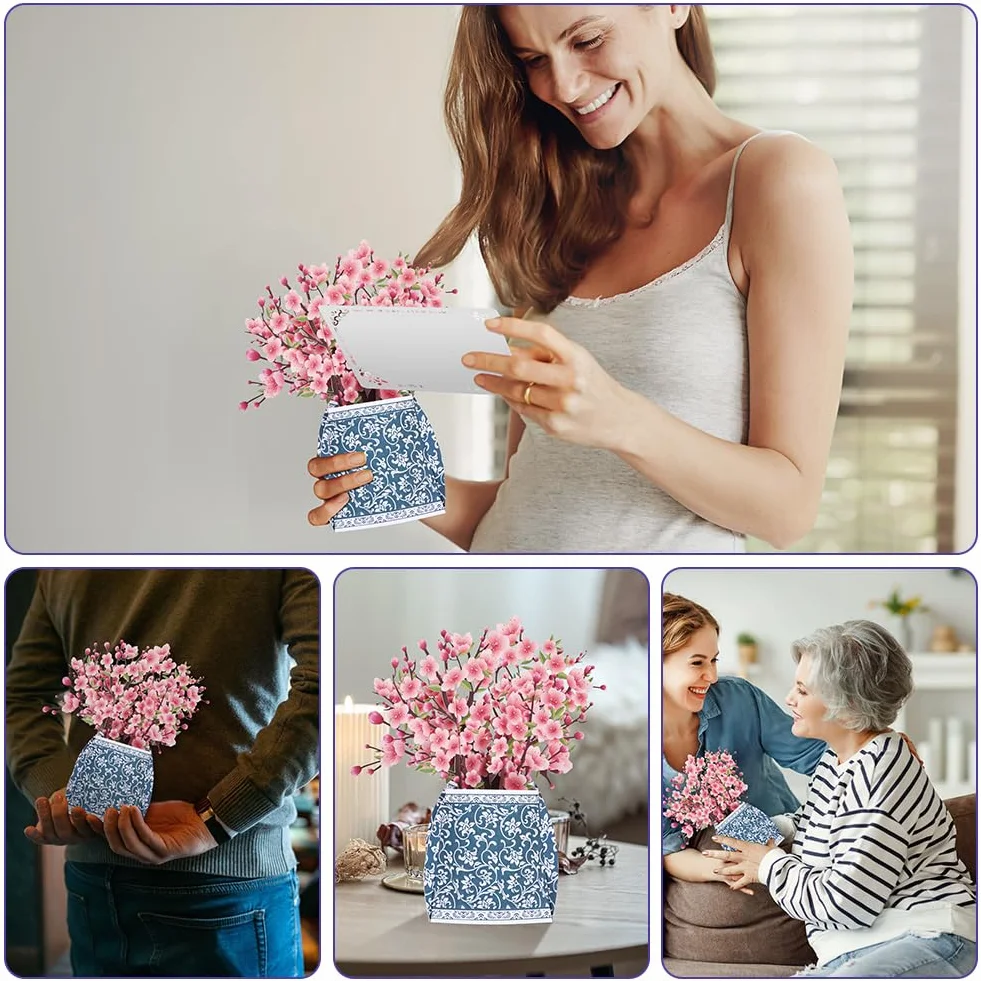 Kartka pop-up z kwiatami, 3D kartka urodzinowa z wiśniowymi kwiatami z kopertą dla mamy, 3D kartka z okazji urodzin dla kobiet, rocznica, podziękowanie, życzenia powrotu do zdrowia, prezenty dla