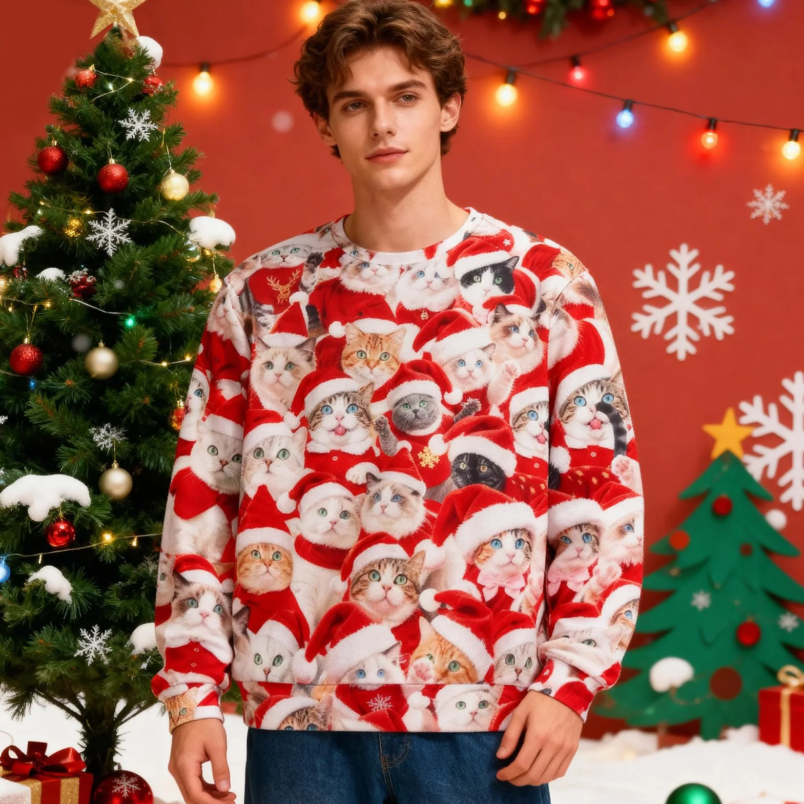 Brzydki sweter bożonarodzeniowy, męski kot, bluza bożonarodzeniowa, zabawna bluza z długim rękawem, sweter na Boże Narodzenie, dla mężczyzn, na zimę, brzydki sweter bożonarodzeniowy