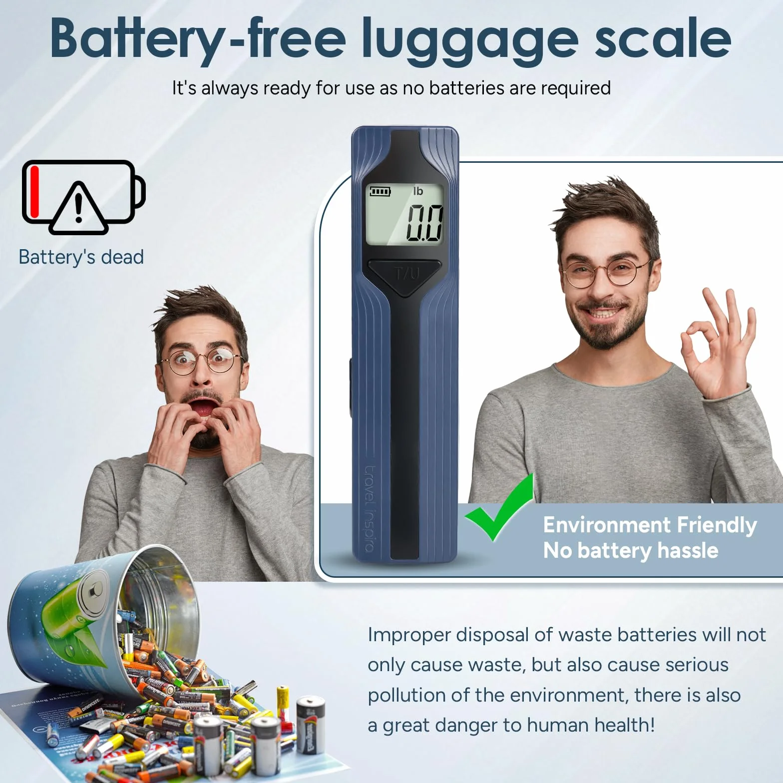 travel inspira Waga podróżna bez baterii, cyfrowa waga podróżna z wyświetlaczem LCD, waga bagażowa do 50 kg/110 lb, cyfrowa waga bagażowa z haczykiem, tara, automatyczne wyłączanie, do podróży i