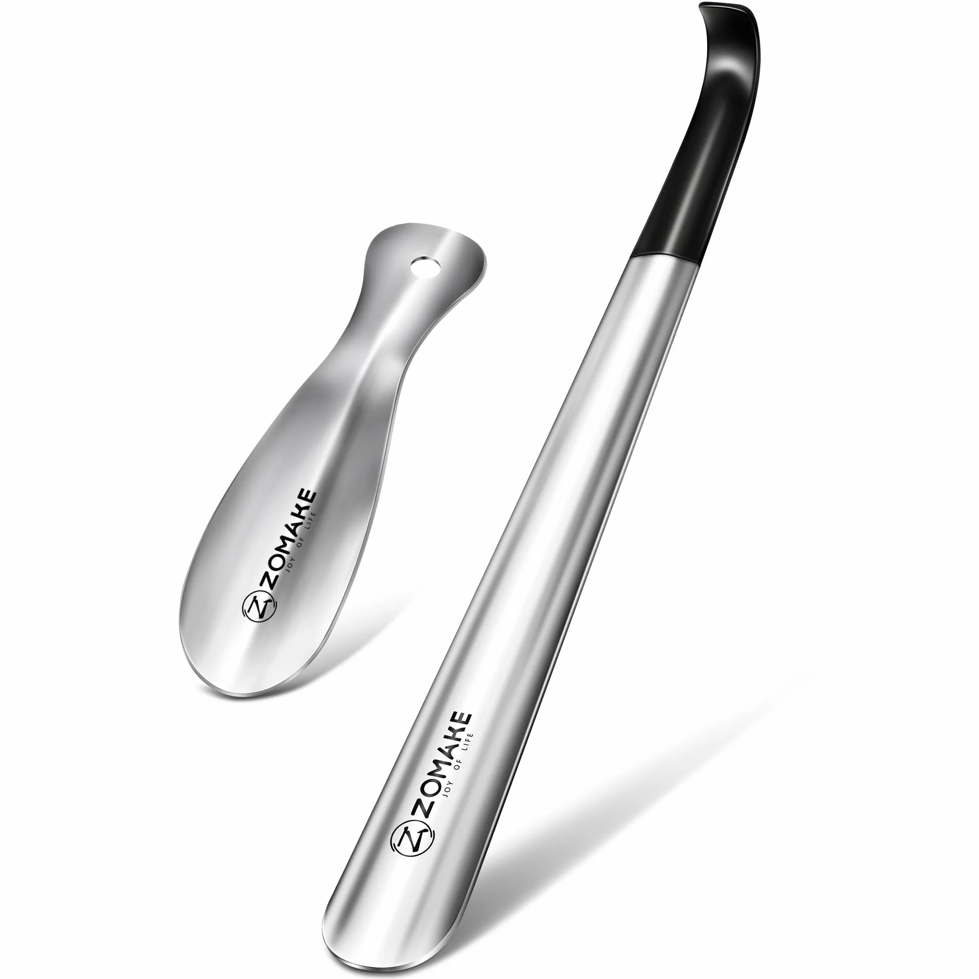 ZOMAKE Łyżka do Butów Mały Metalowy Długi 2szt,42cm Ze Stali Nierdzewnej Róg do Butów,Stabilna Klakson but Metalowy 19cm Z Wspornikiem Ściennym(Srebrne 42&19cm)