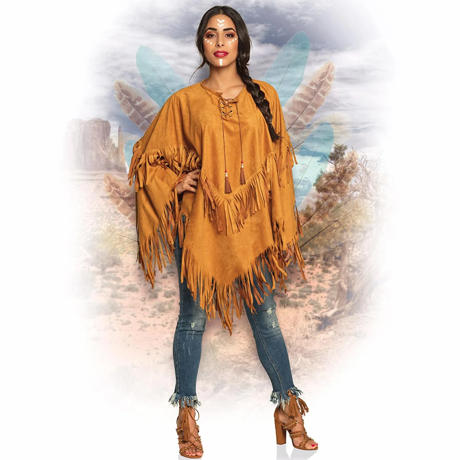 Boland 44095 - Indian Poncho, brązowe, jeden rozmiar dla dorosłych, peleryna z frędzlami i koralikami, wódz, kowboj, squaw, karnawał, bal przebierańców, Halloween, impreza tematyczna