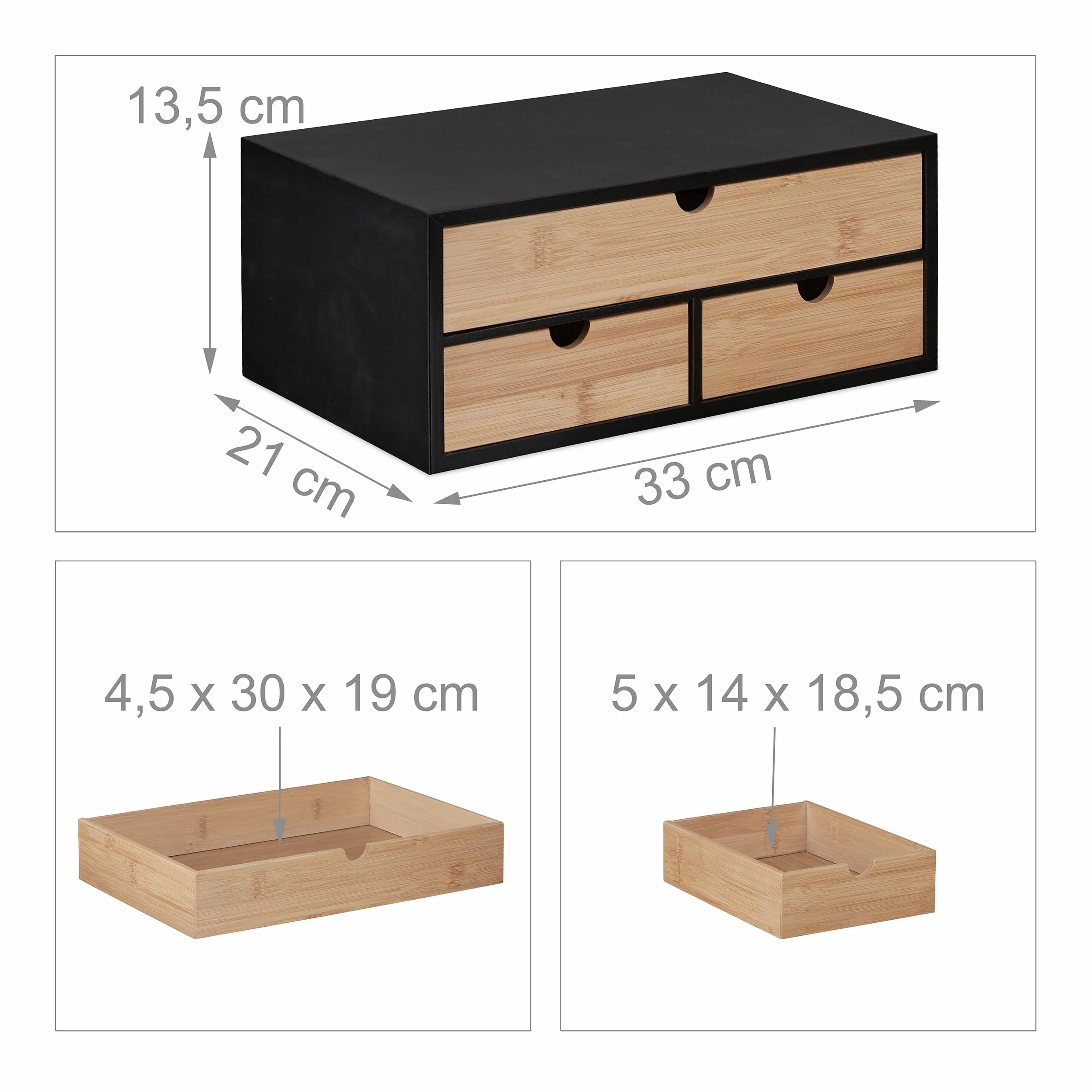 Relaxdays Organizer na biurko, 3 szuflady, bambus i MDF, organizer na biurko, wys. x gł.: 13,5 x 33 x 21 cm, naturalny/czarny