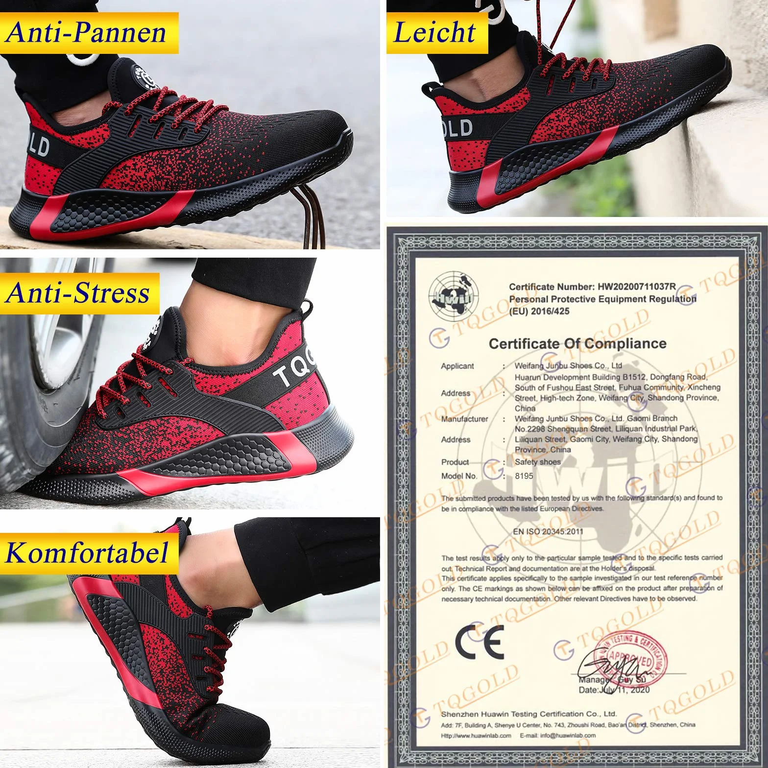 AONETIGER Buty ochronne dla mężczyzn i kobiet, lekkie buty robocze, stalowy nosek, sportowe, oddychające, antypoślizgowe, 8195 czerwony, 42 EU