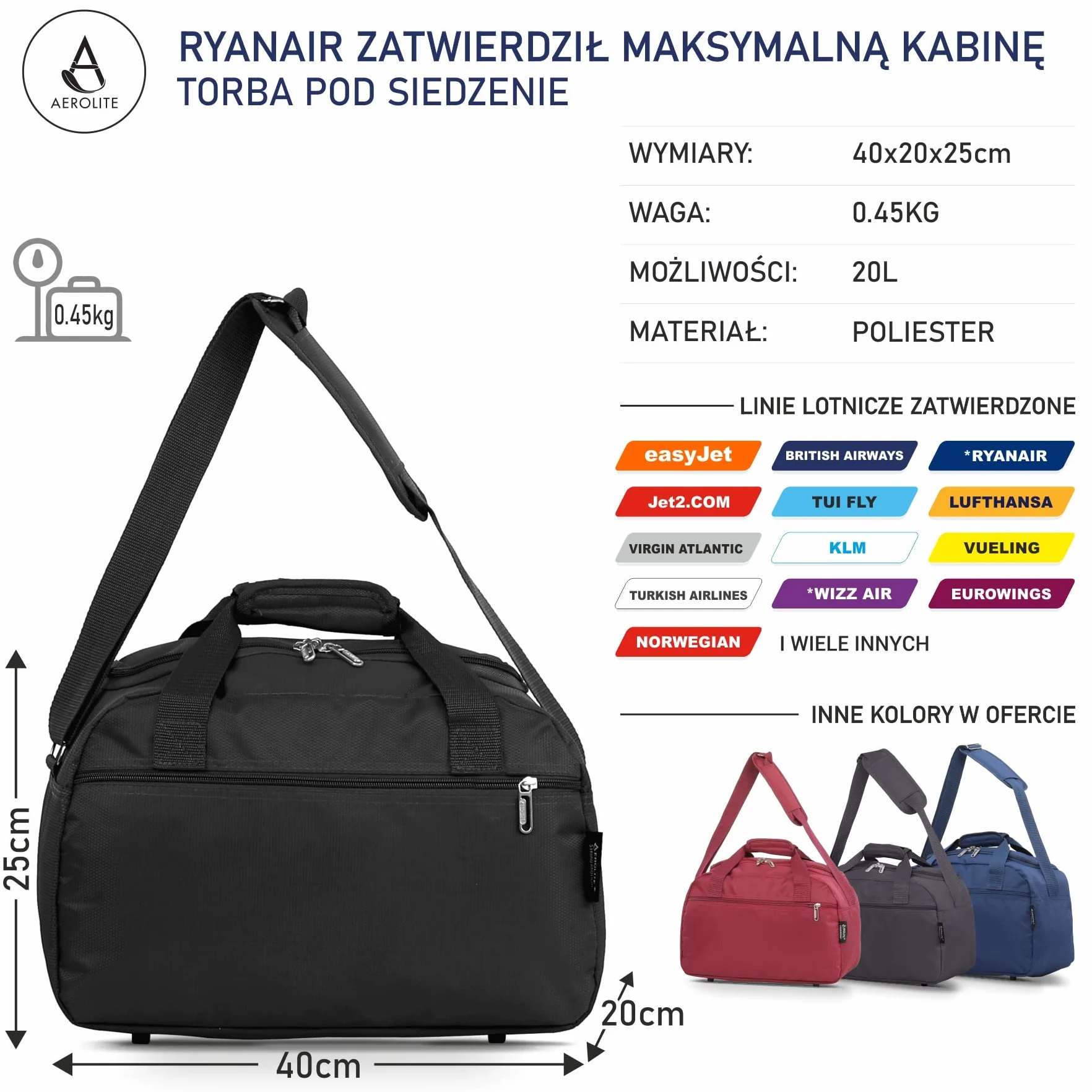 Aerolite Torba kabinowa Ryanair, 40 x 20 x 25 cm, maksymalny rozmiar