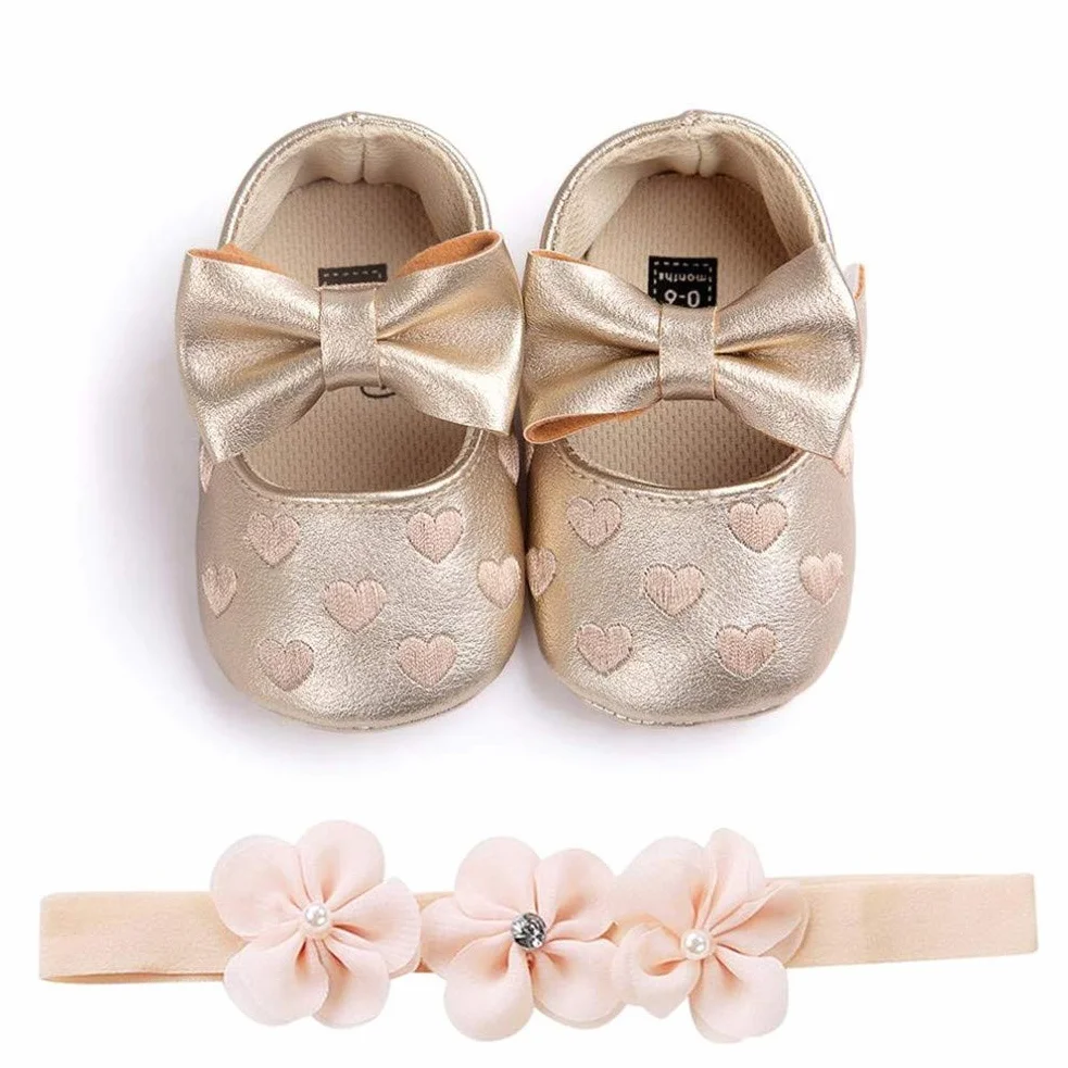 EDOTON 2 szt. buty dla małych dzieci + opaska na czoło dla dziewczynek, miękkie buty antypoślizgowe na specjalne okazje, chrzest, wesele, imprezy okolicznościowe, - A z?oto - 19 EU