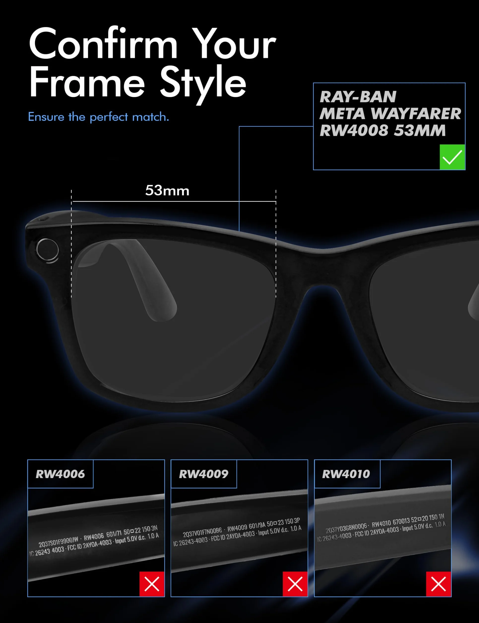 Saucer Szkła zapasowe klasy premium, kompatybilne z Ray-Ban Meta Wayfarer RW4008, 53 mm Smart okulary przeciwsłoneczne