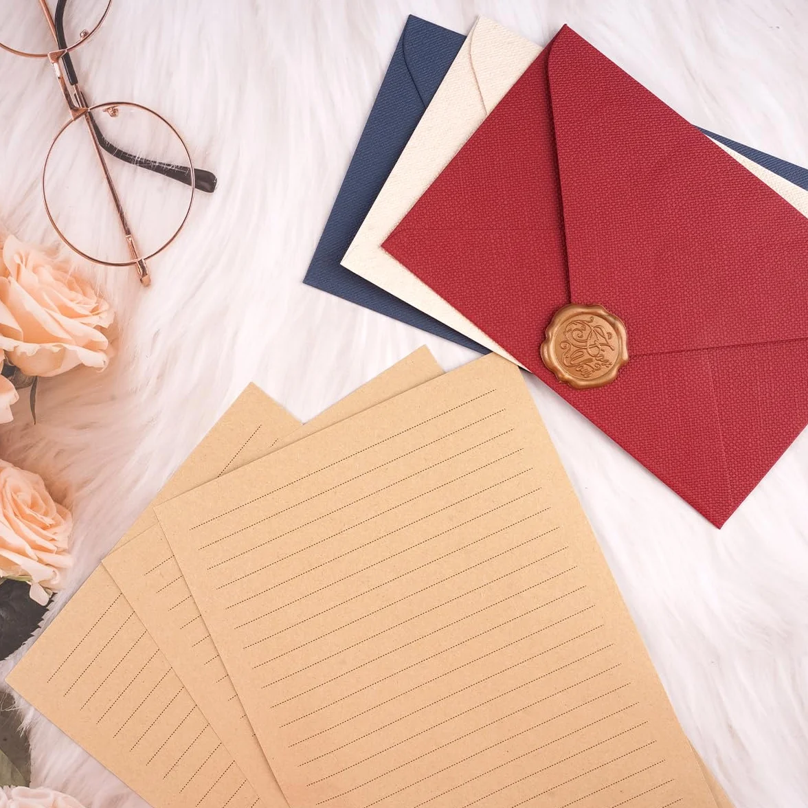 Zestaw 38 sztuk papieru listowego w linie i koperty, 9 lnianych kopert, 9 samoprzylepnych pieczęci woskowych i 20 arkuszy papieru listowego A5, na list miłosny, wesele, urodziny, kartki z życzeniami