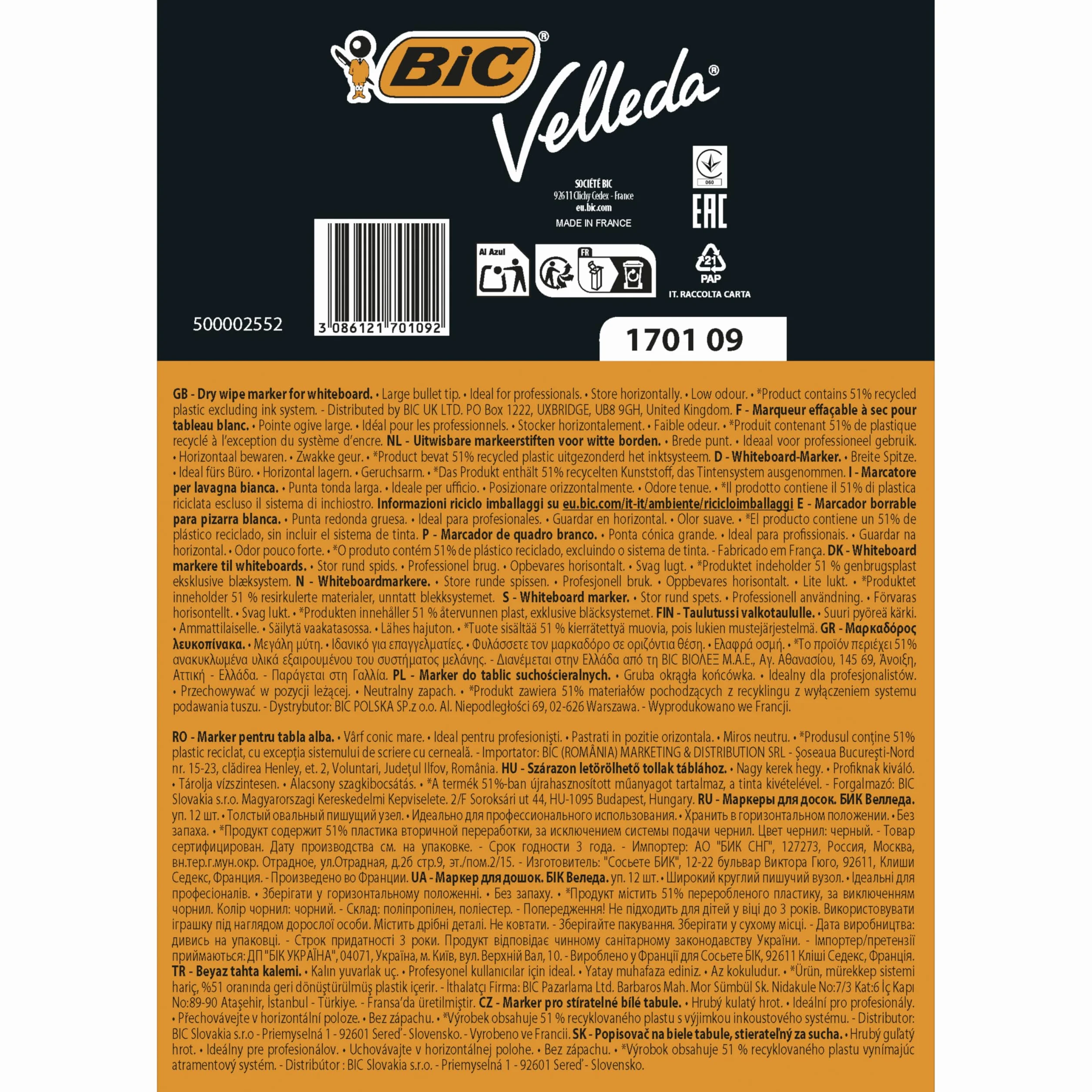BIC Velleda Ecolutions 1701 Marker suchościeralny czarny okrągła końcówka Pudełko 12szt