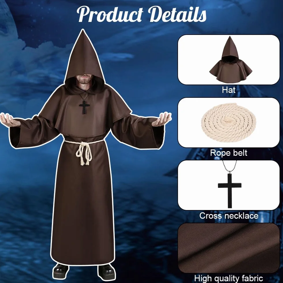 Aomig Szata mnicha, męska, czapka mnicha, średniowieczna peleryna, klasyczny kostium, kaptur, renesansowy, szata kapłana, na Halloween, karnawał, kostium Cosplay (rozmiar XL ~ XXL, czarny, brązowy)